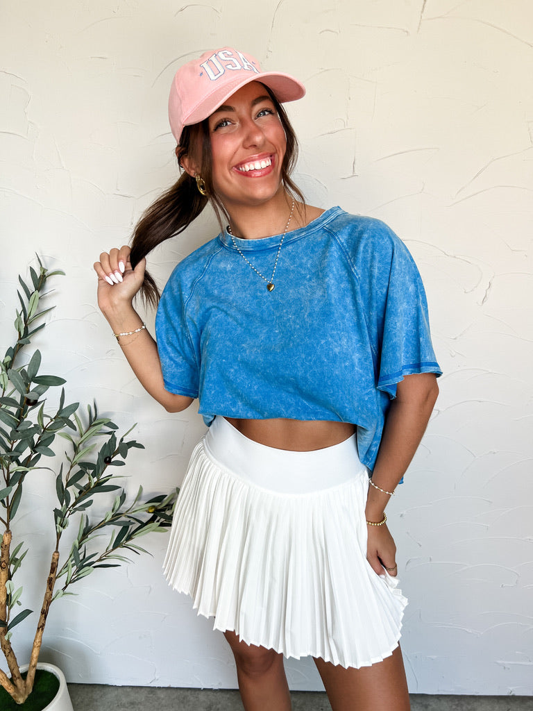 She's The Real Deal Acid Wash Cropped Tee- Ocean Blue