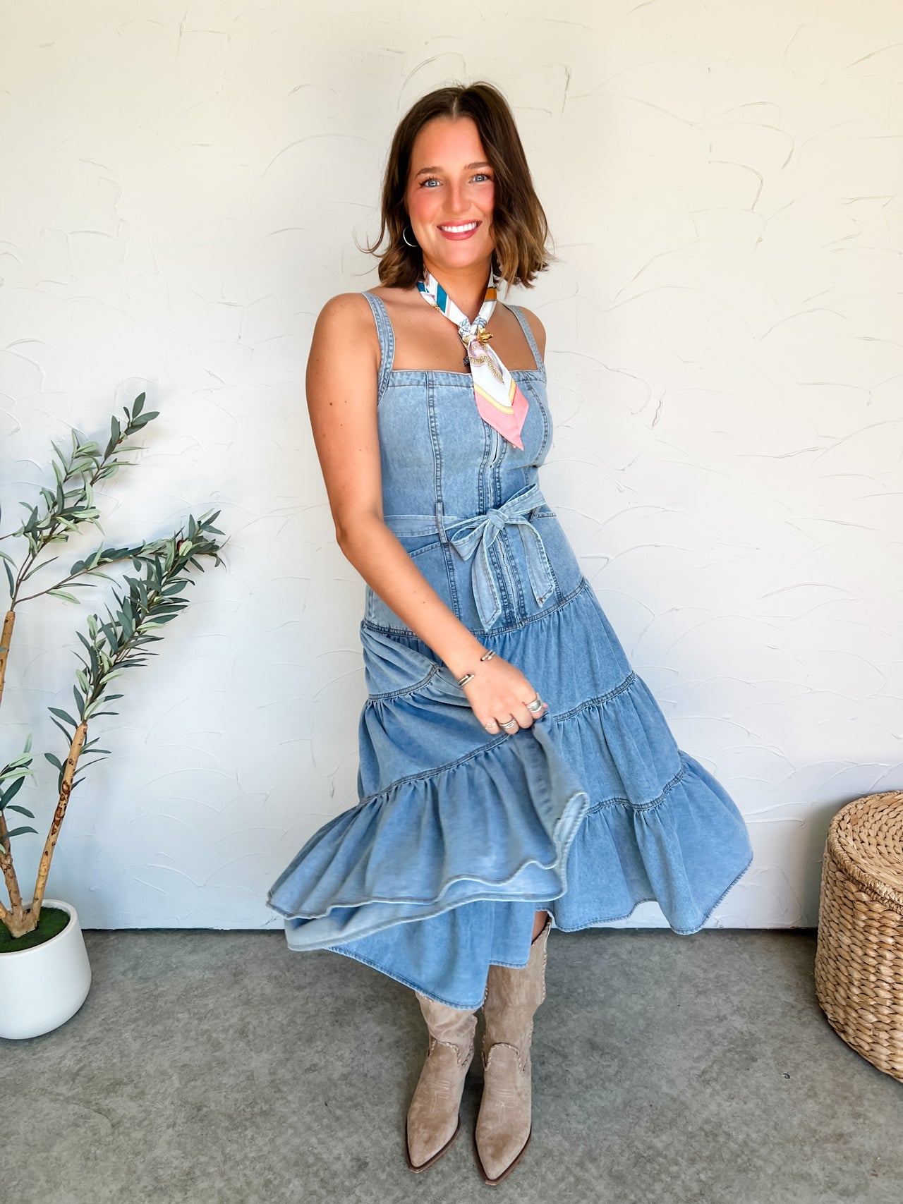 Strut Your Stride Denim Tiered Midi Dress