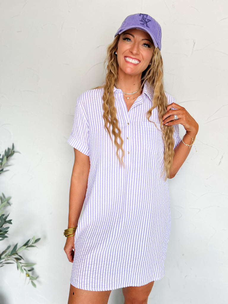Live in Color Striped Seersucker Shirt Dress- Lavender/White