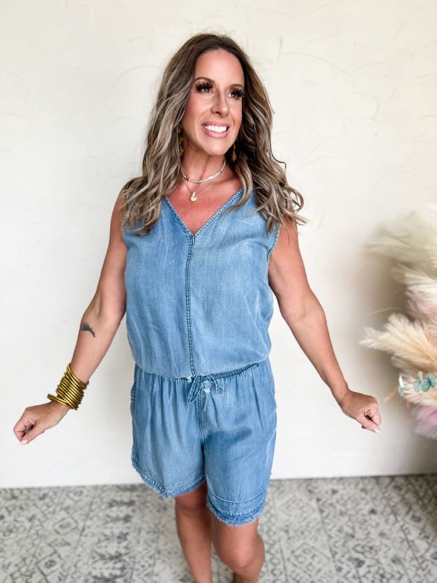 She Will Make A Way V-Neck Denim Drawstring Romper