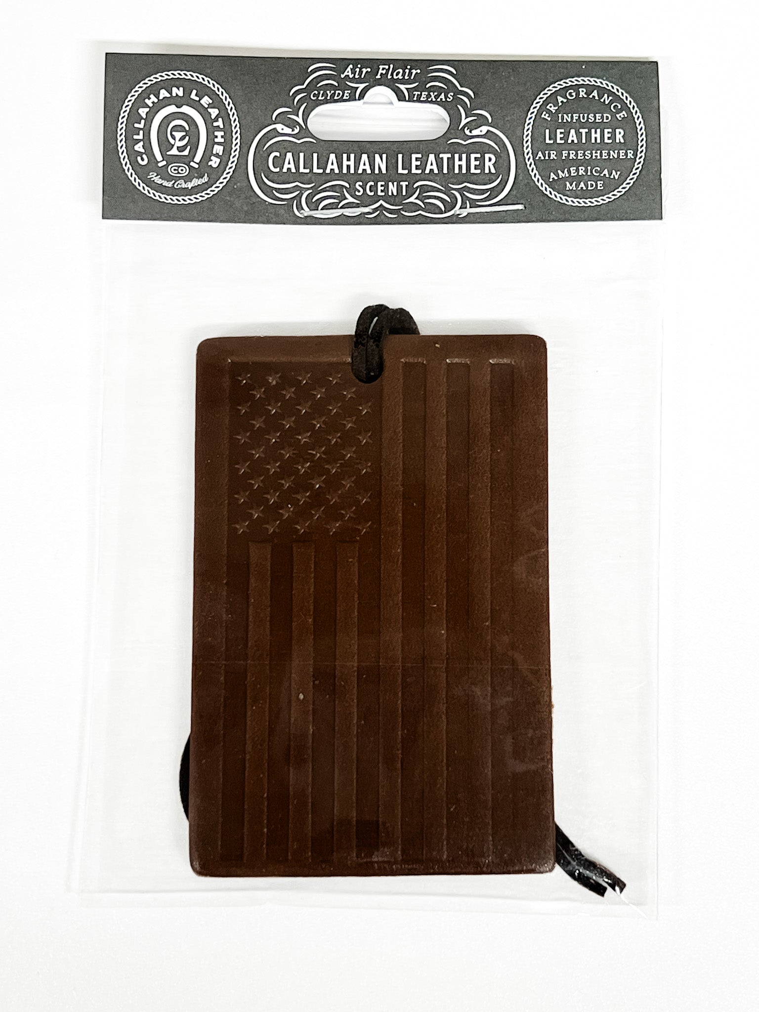 Callahan Leather air freshener with American flag design on a white background