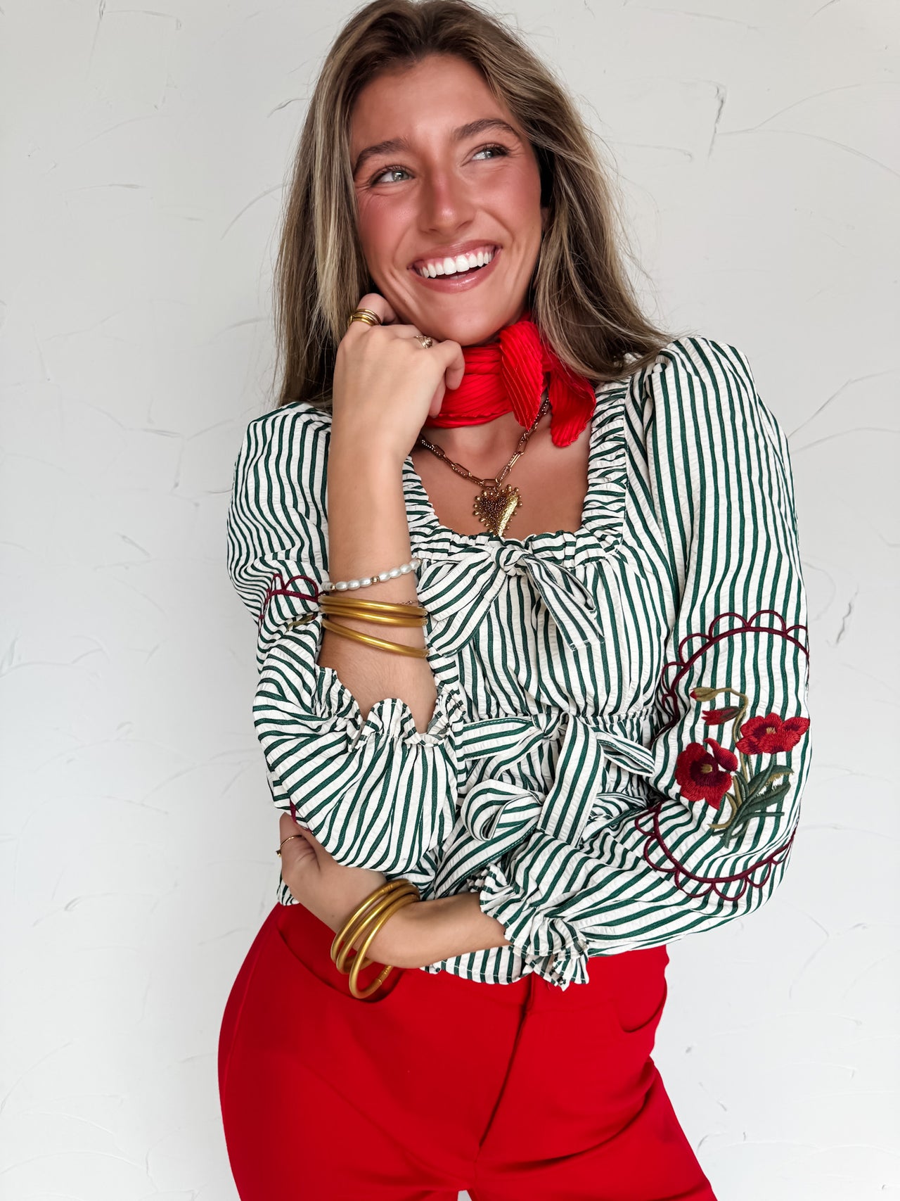 It's A Tradition Striped Embroidered Flower Sleeve Top