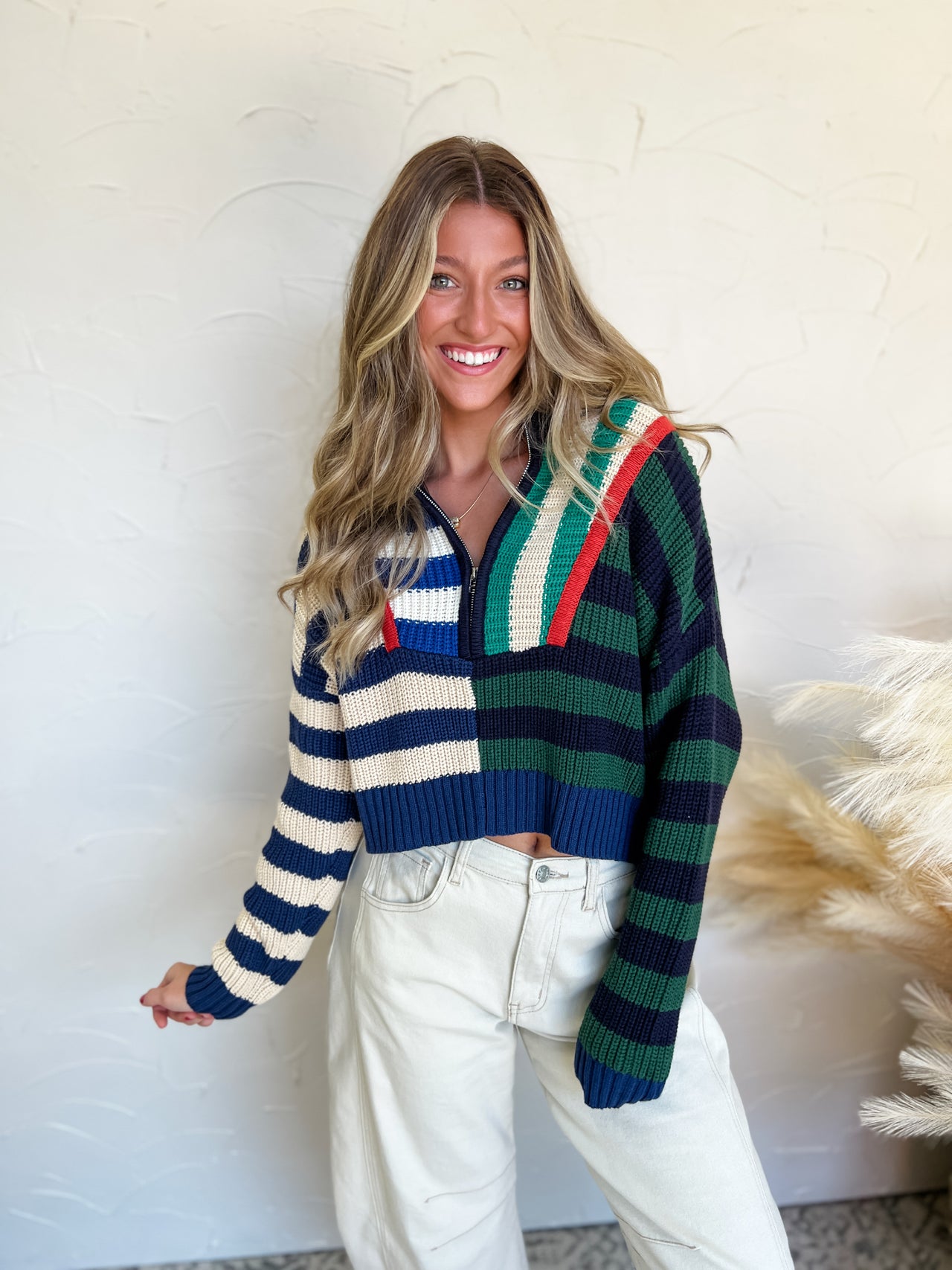 Fun Side Colorburst Half Zip Sweater- Varsity Stripes