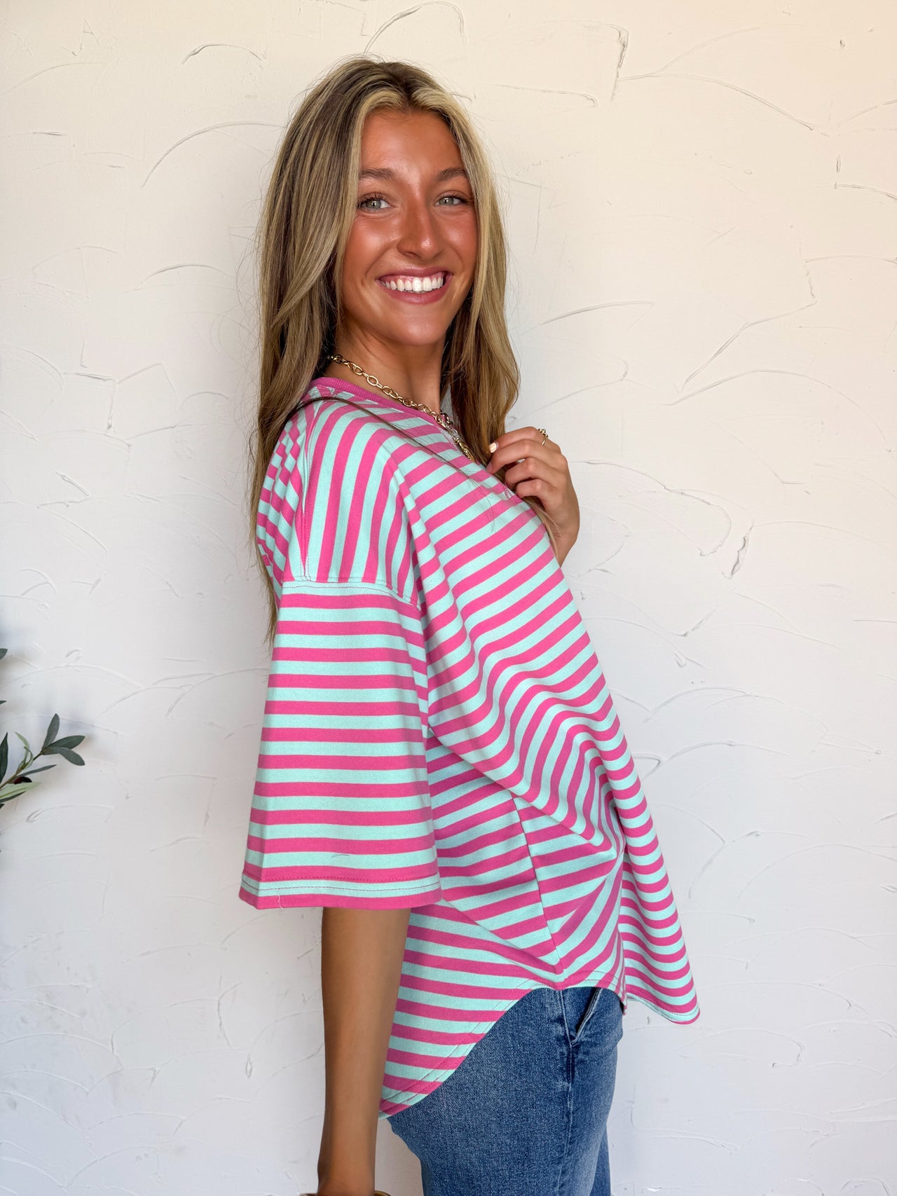 Cute As They Come Stripe Oversized Top- Pink/Blue