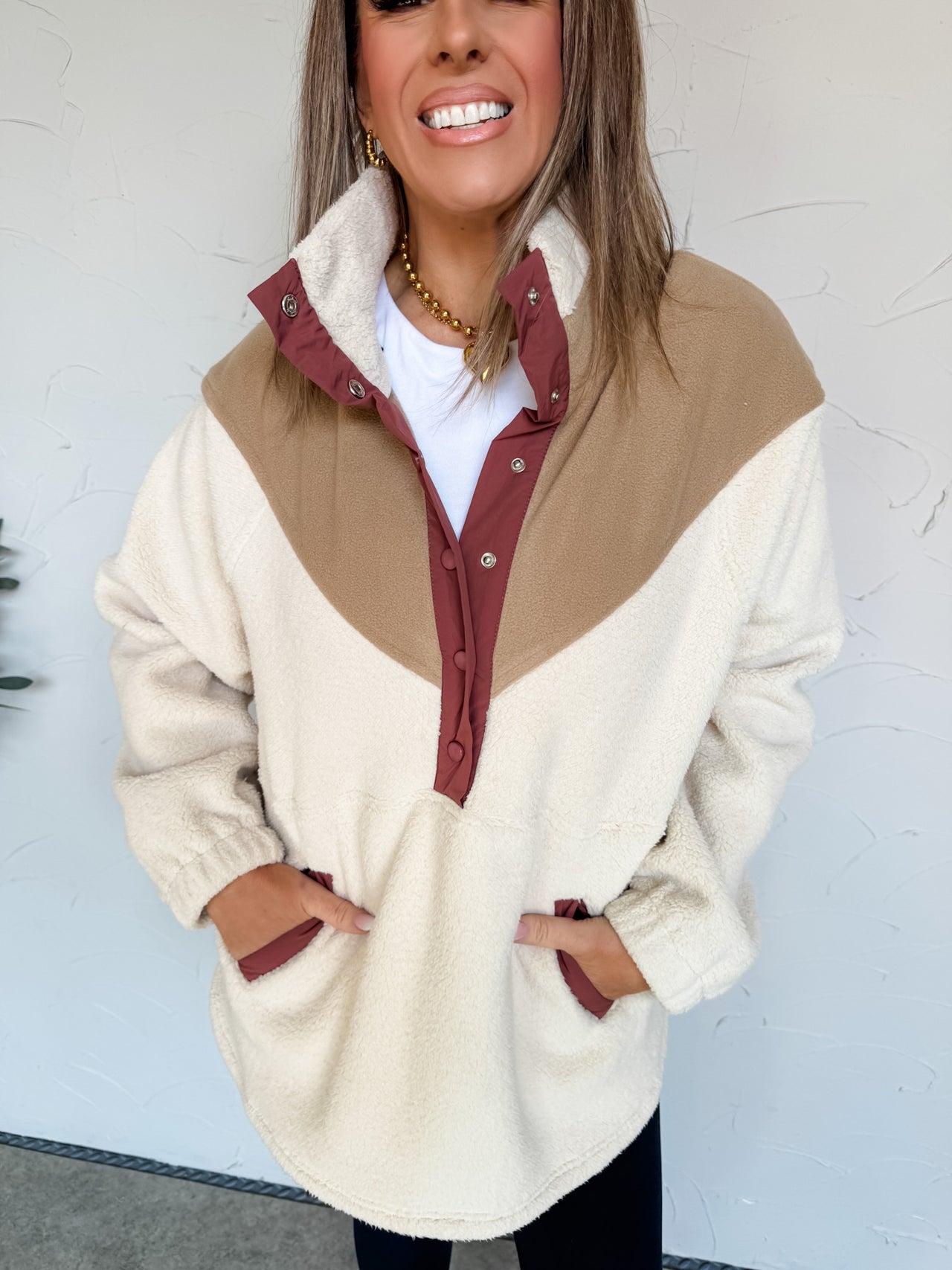 Ready To Go Color Block Fleece Pullover- Cream