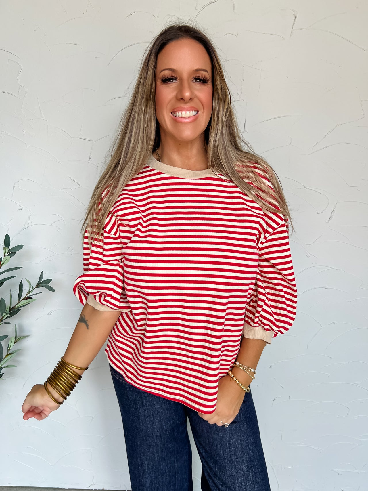 Stripe This Way Round Neck Top- Red
