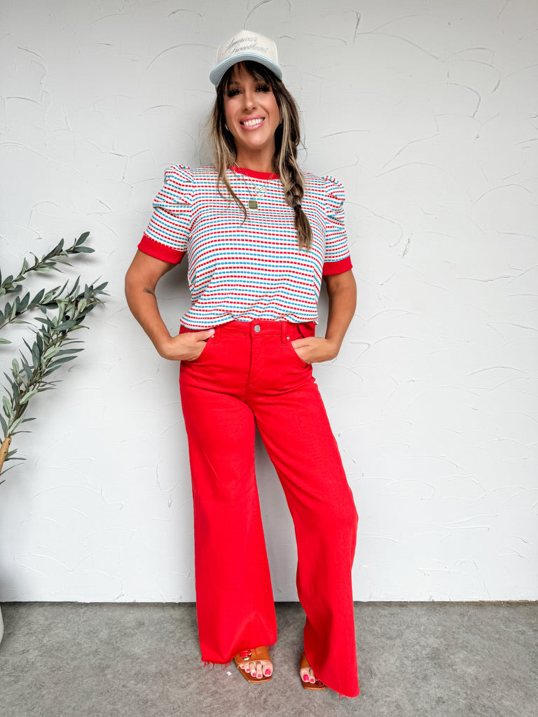 Loud And Clear Ruffe Hem Top- Red