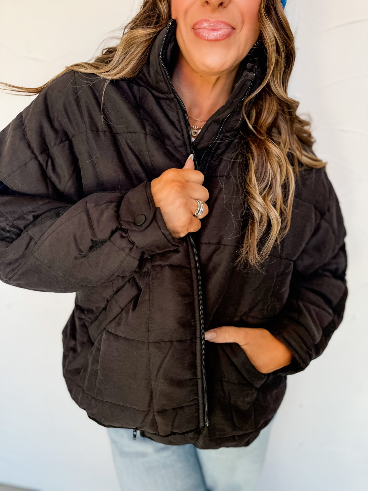 Classic Feel Zip Up Puffer Jacket- Black