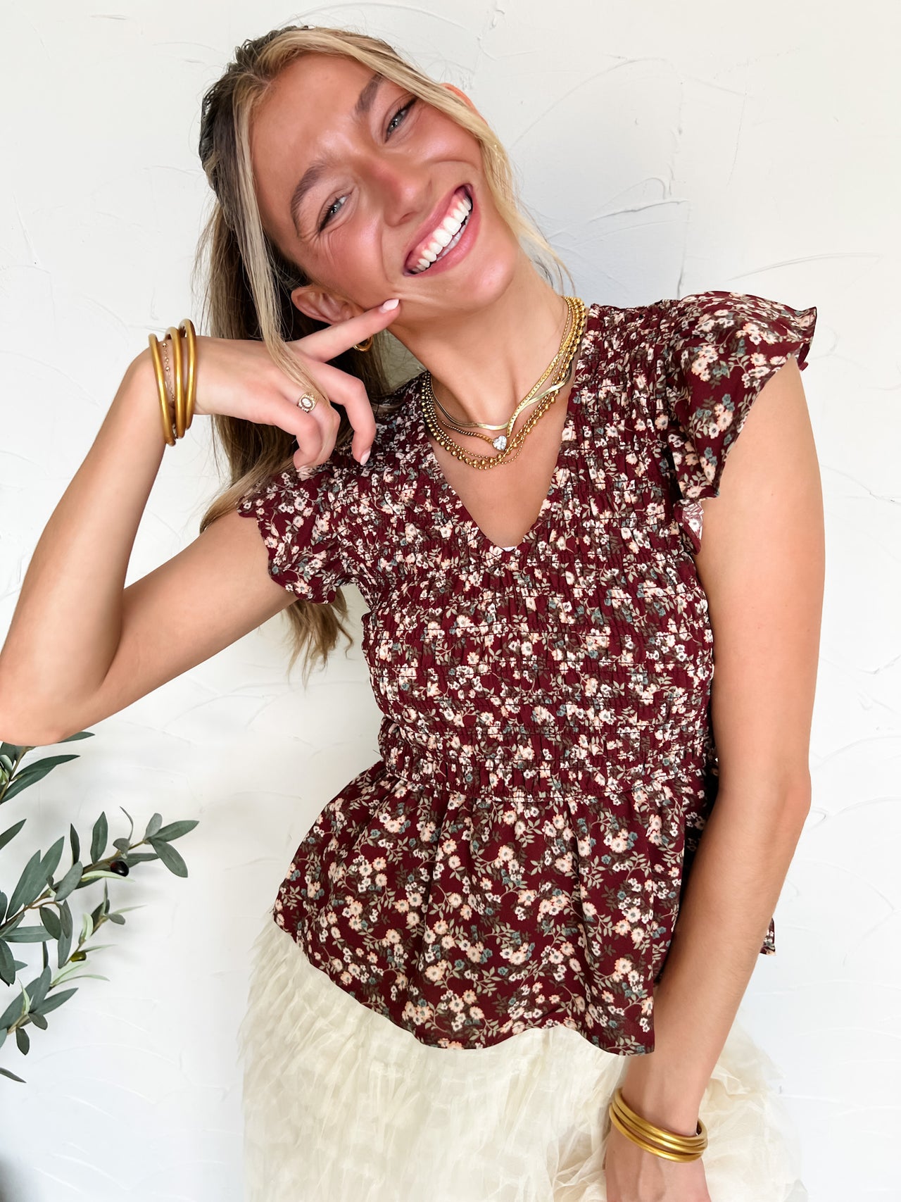 Feel The Breeze Floral Smocked V Neck Top