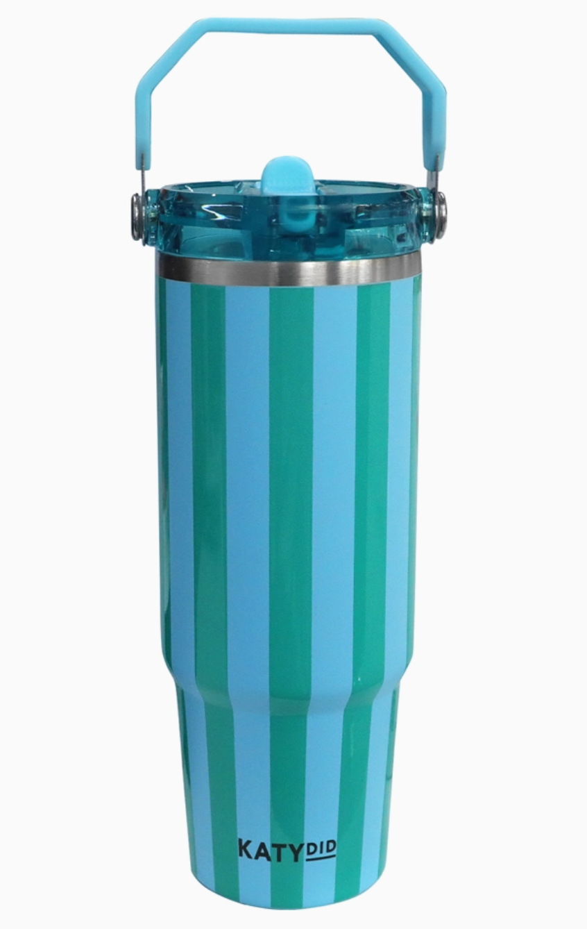 Blue and green striped tumbler with a top handle on a white background