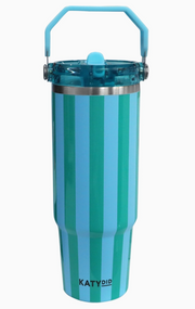Blue and green striped tumbler with a top handle on a white background