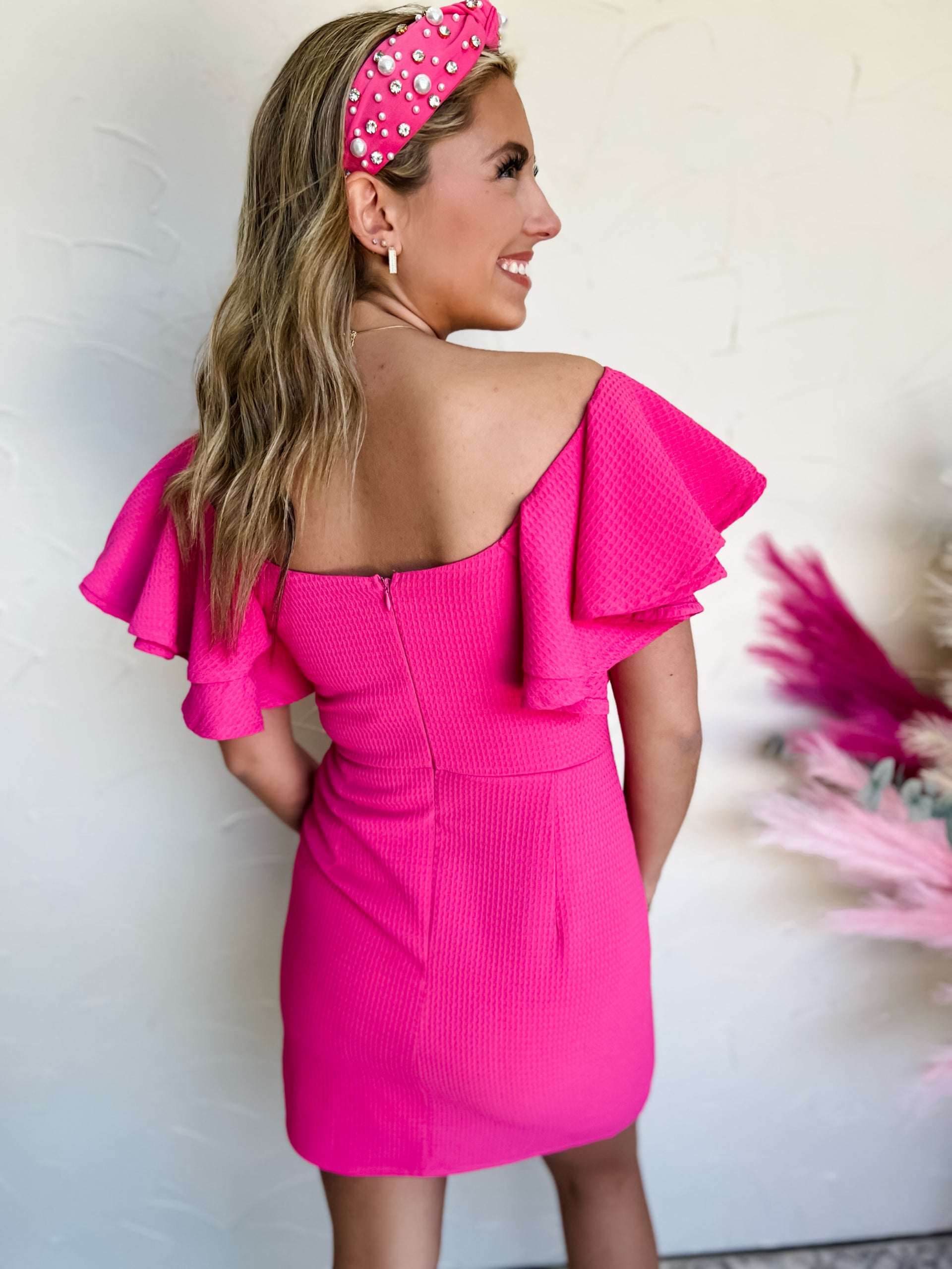 Pretty In Pink Double Ruffle Sleeve Square Neck Dress