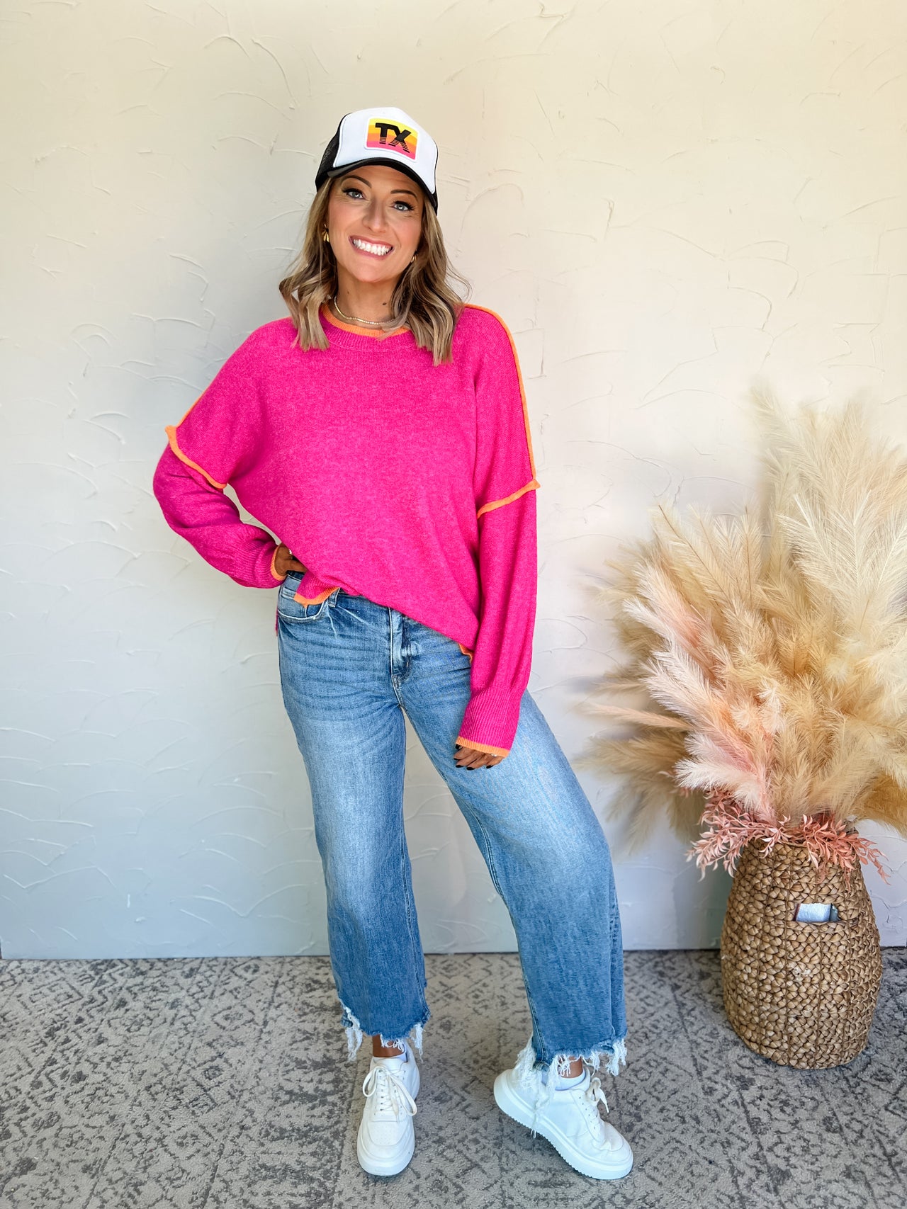 Snuggle Weather Contrast Sweater Top- Hot Pink