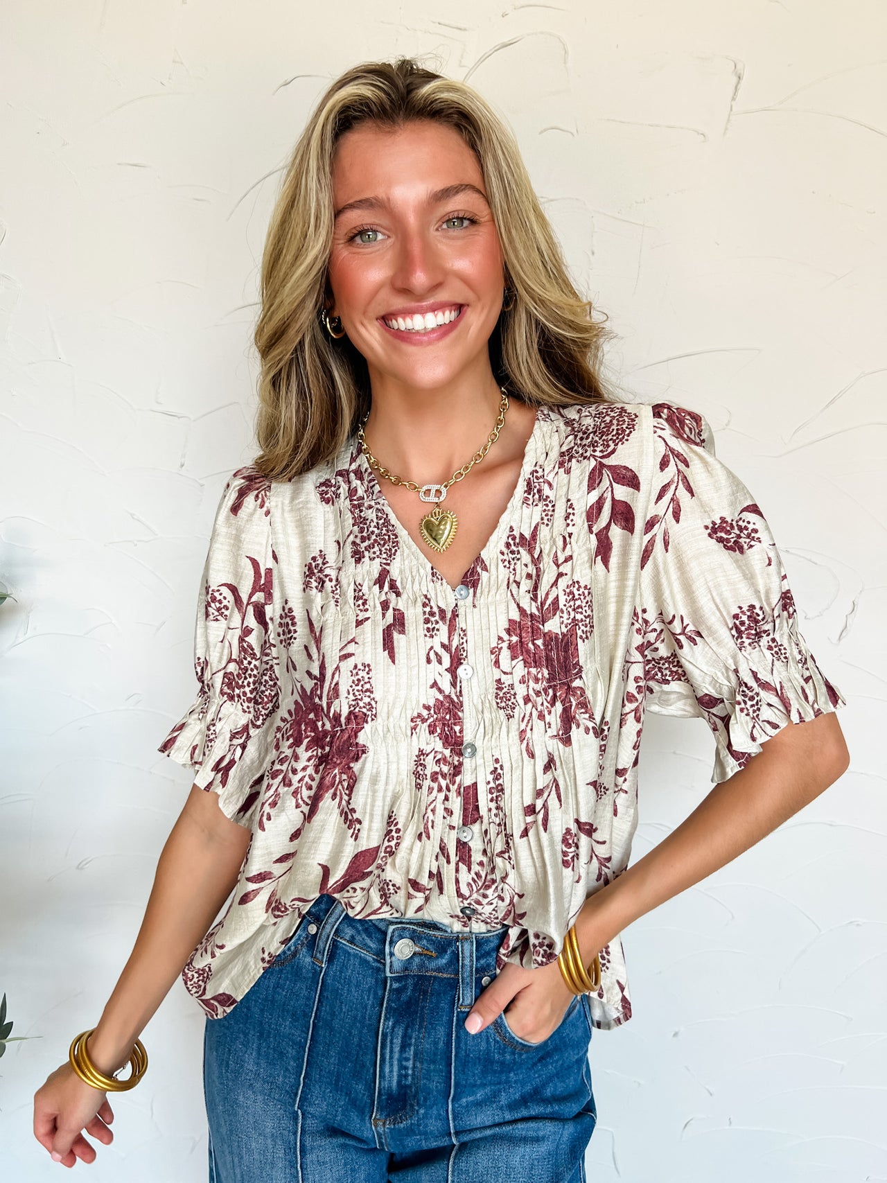 Leading With Purpose Floral V Neck Top- Burgundy