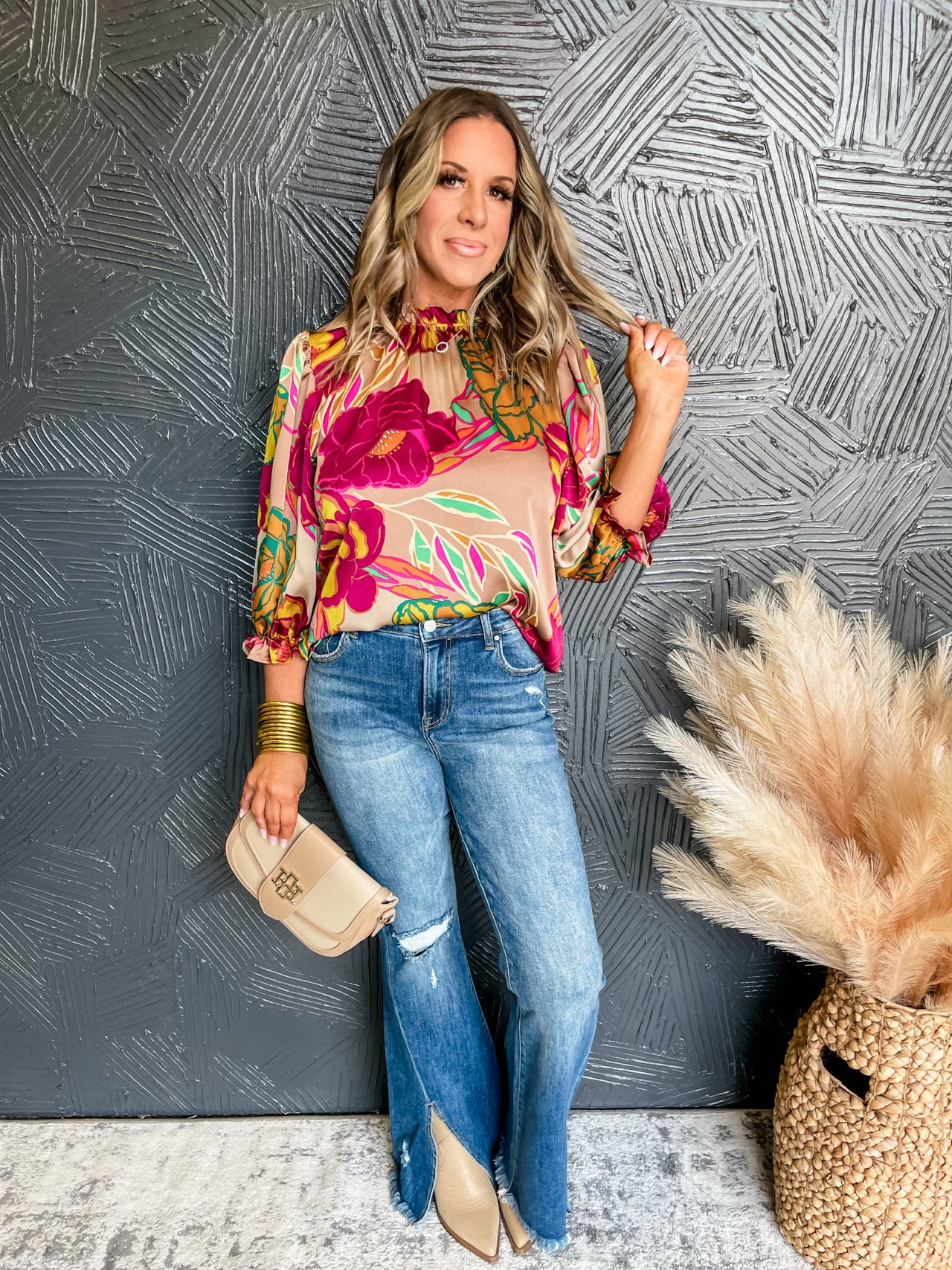 Gorgeous Florals Mock Neck Satin Top