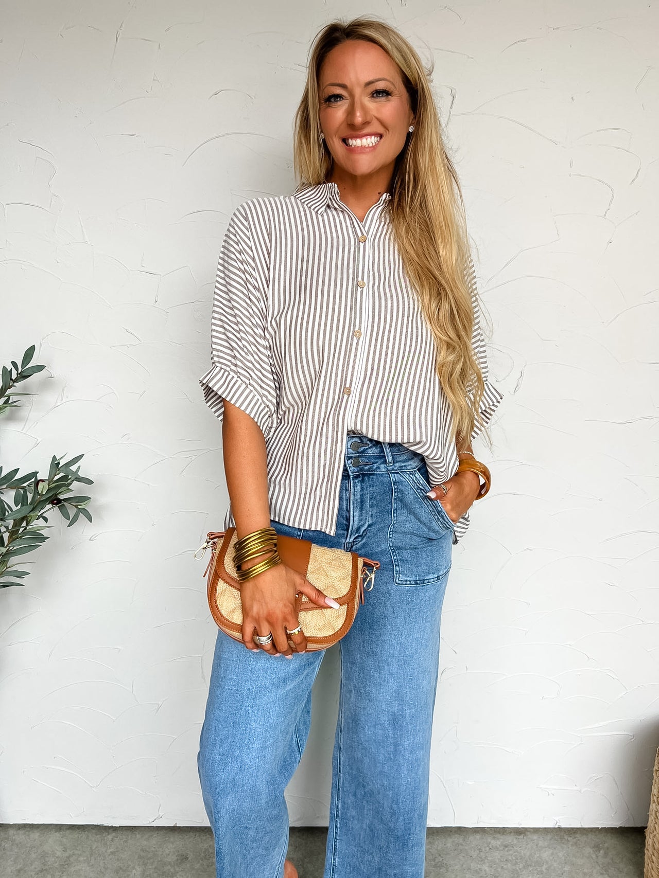 Best Thing In Life Rayon Striped Button Up Top- Brown