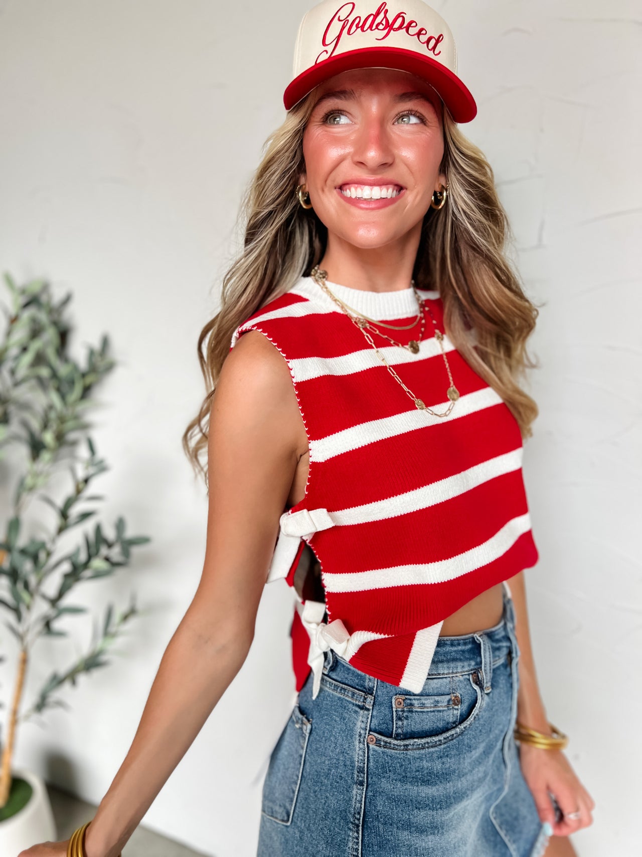 Call The Shots Side Bow Knit Striped Top- Ruby