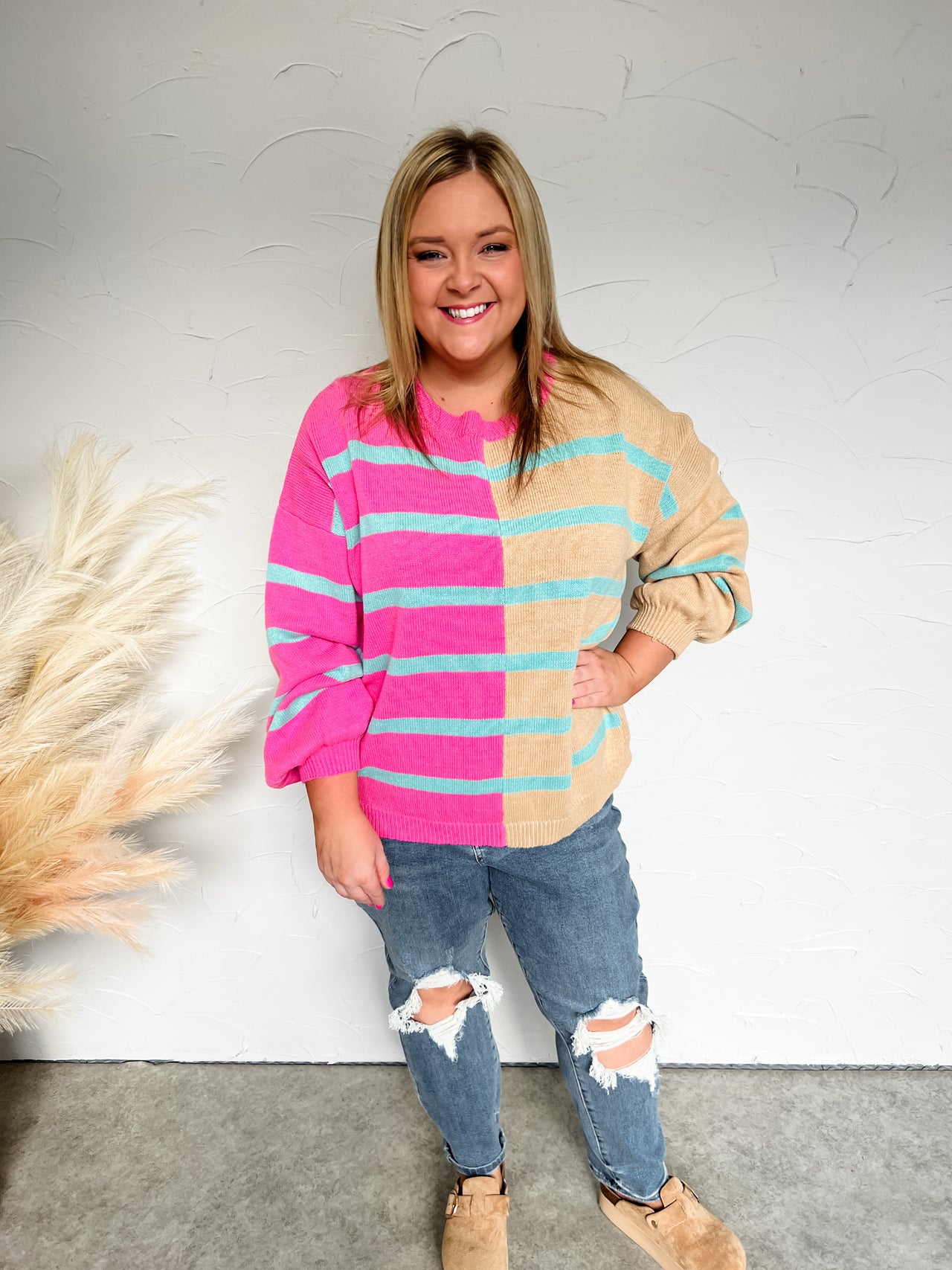 Ease On By Stripe Color Block Sweater- Bubblegum