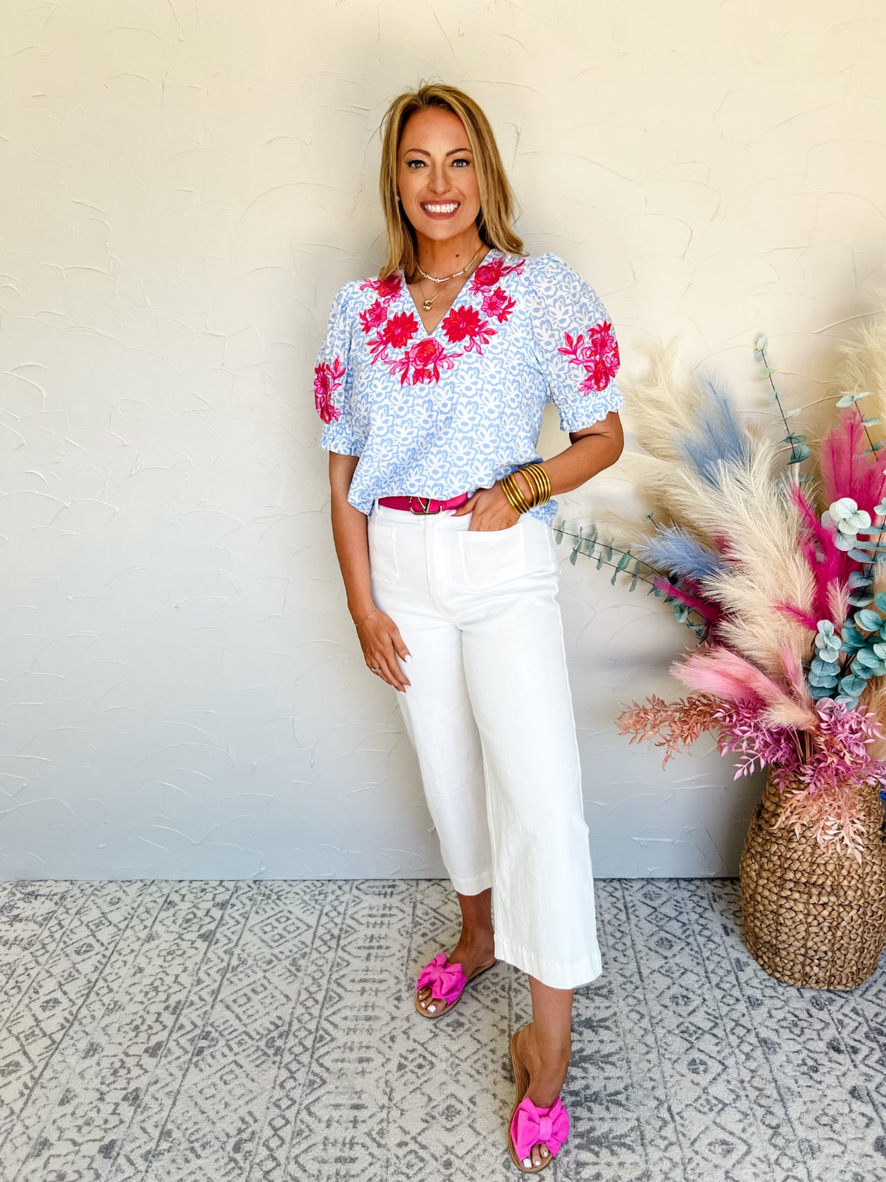 {THML} Fresh Florals V Neck Embroidered Top