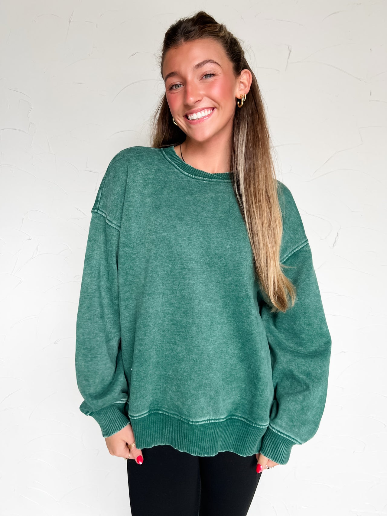 Get To Know Me Acid Wash Fleece Pullover- DK Green