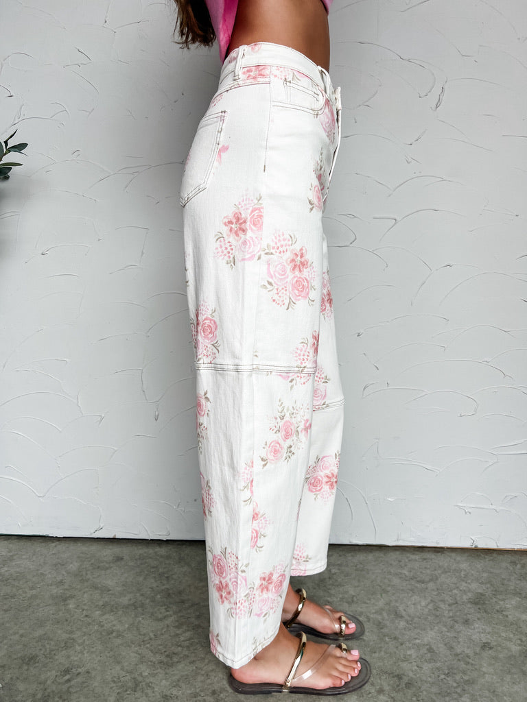 An Honest Truth Floral Denim Barrel Leg Pants