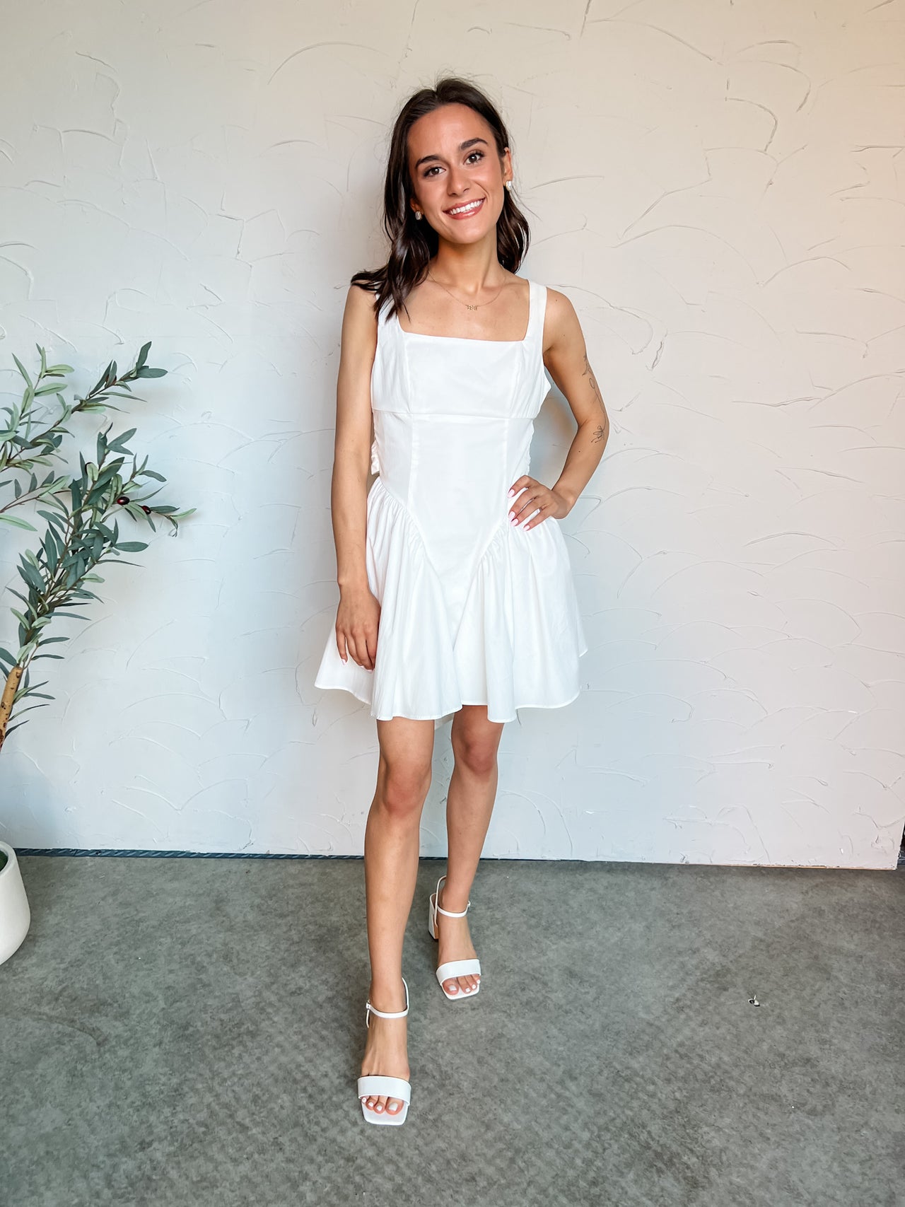 Weekend Wonder Poplin Back Ribbon Mini Dress- Off White