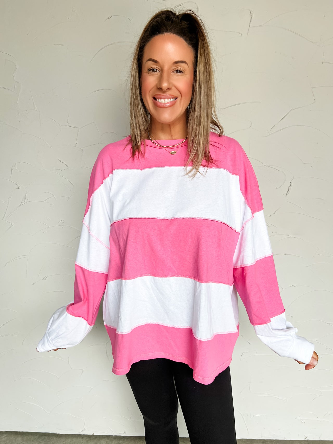 Love In Every Layer Contrast Panel Pullover- Pink White