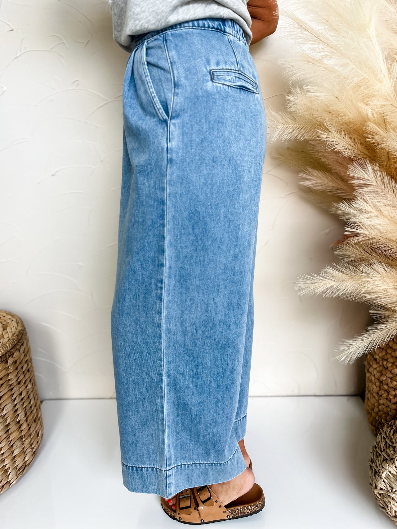 Let's Make Plans Wide Leg Washed Denim Crop Pants