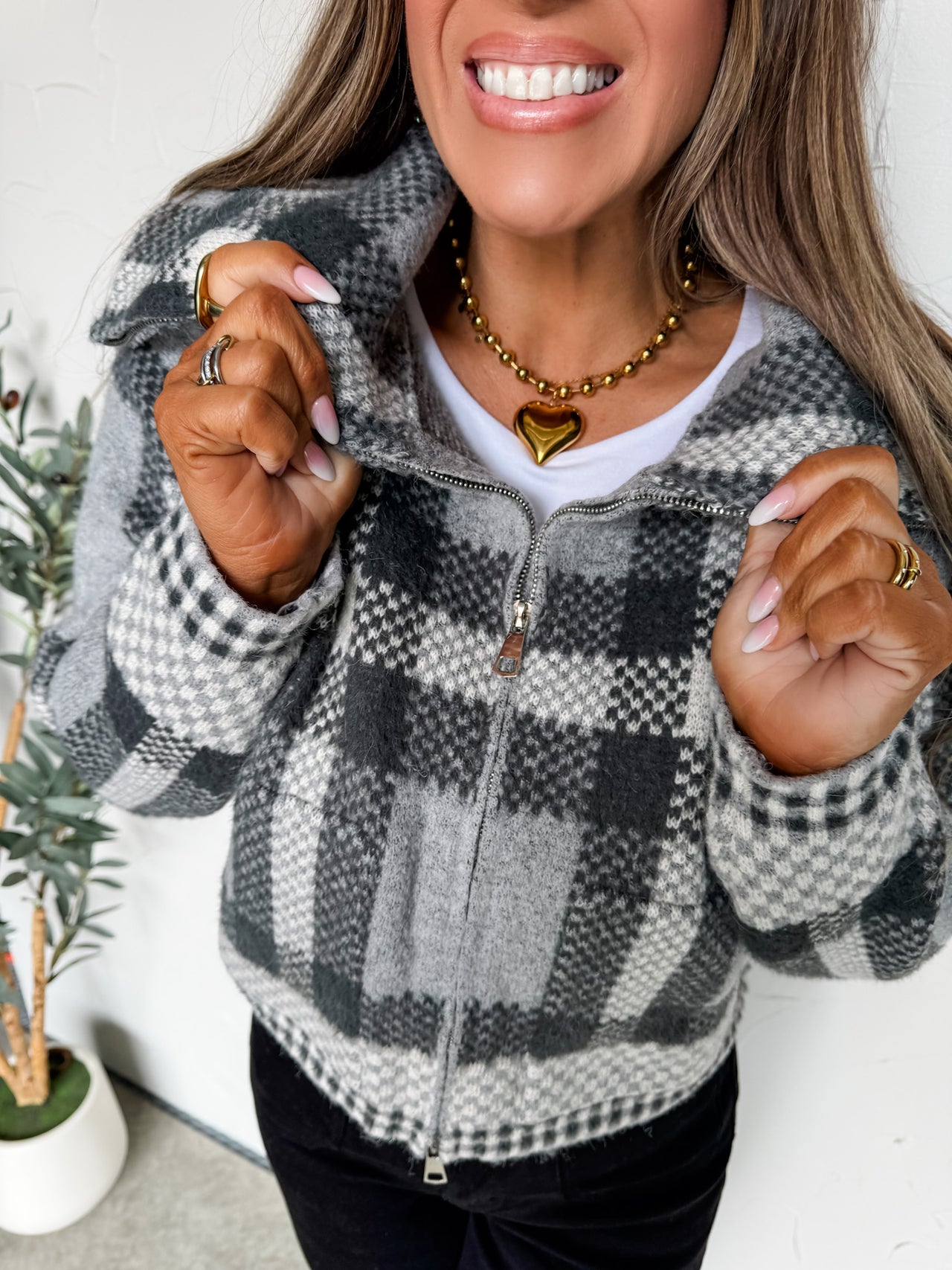 All Going Well Checkered Fuzzy Crop Jacket