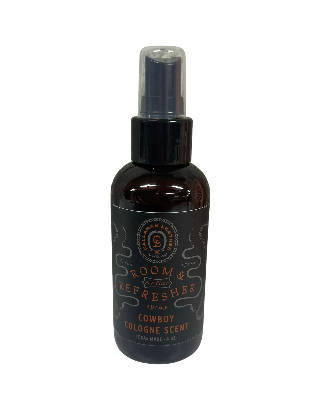 Brown spray bottle with label on a white background