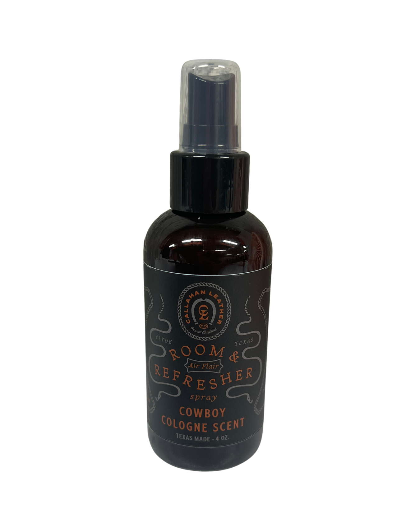 Brown spray bottle with label on a white background