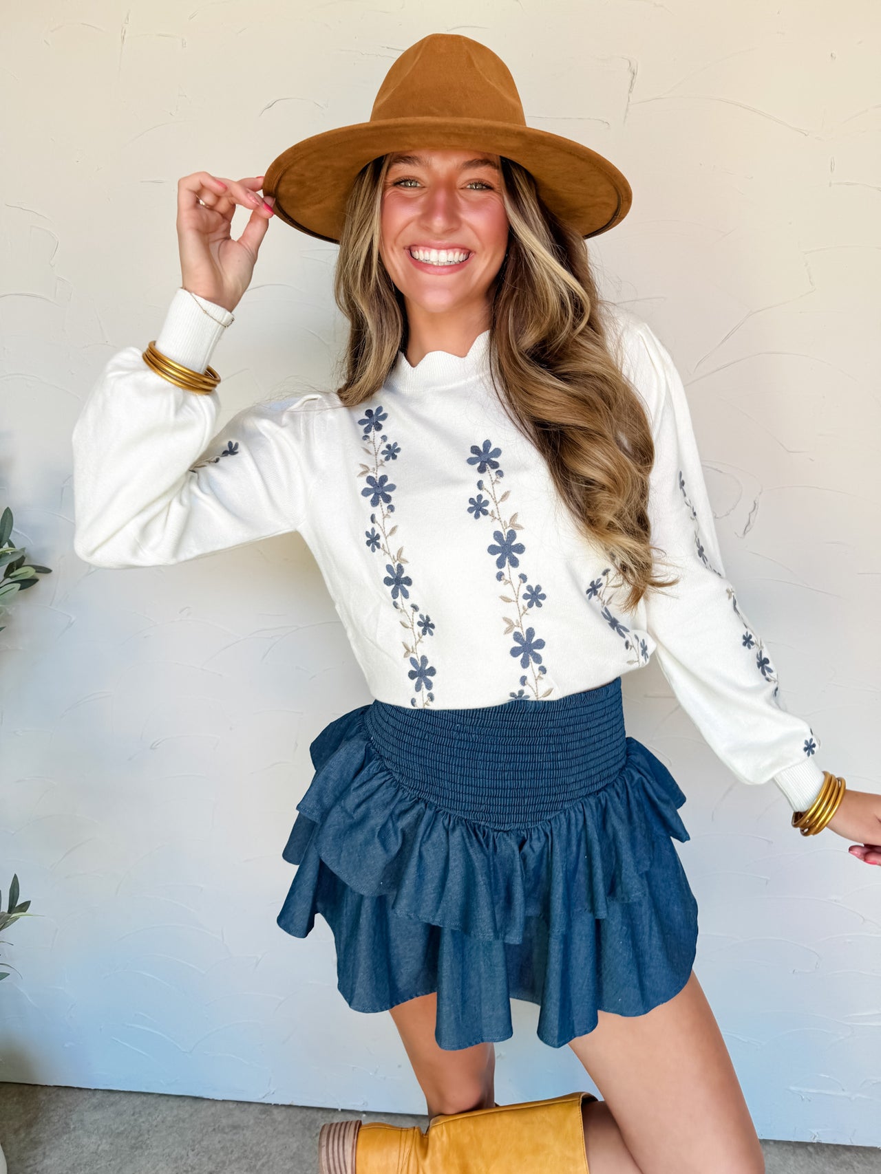 Wild Blooms Floral Embroidered Scallop Trim Sweater