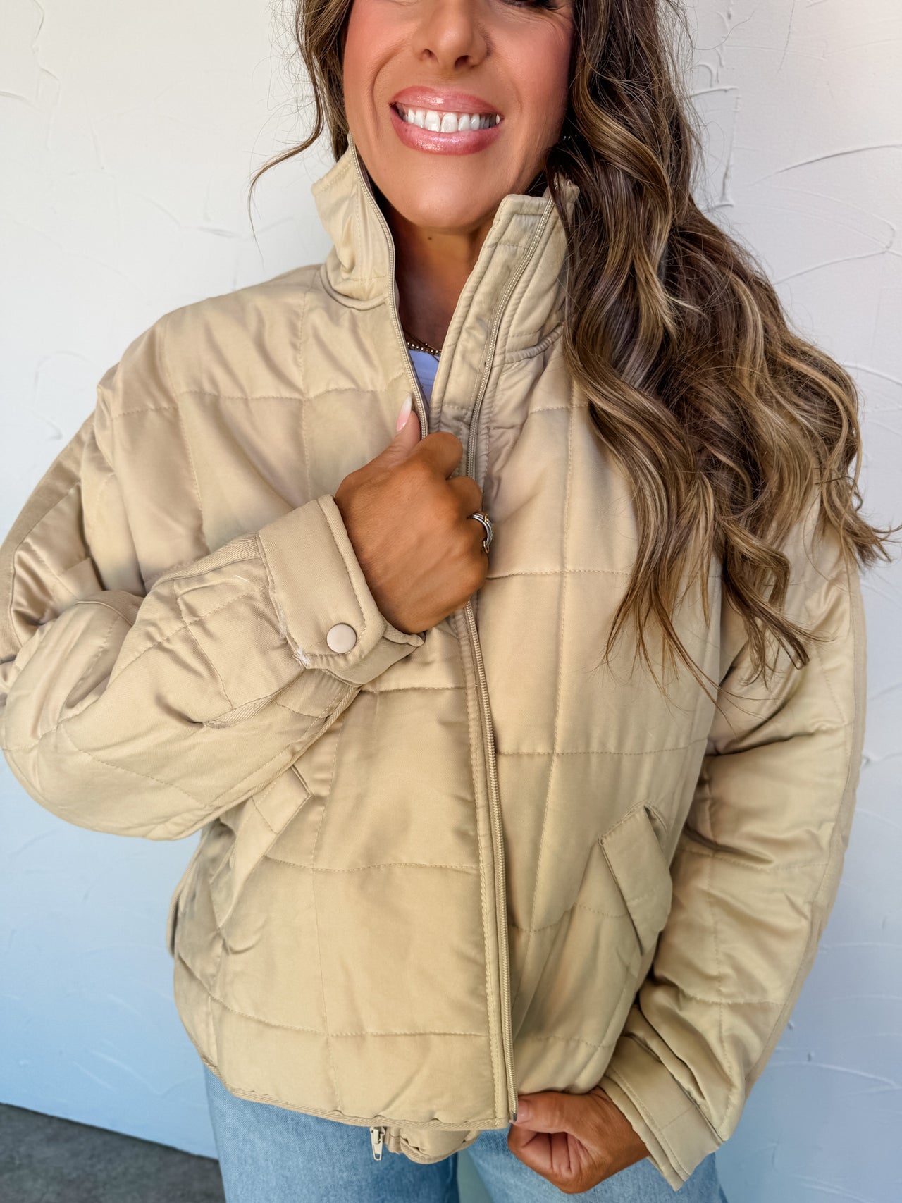 Classic Feel Zip Up Puffer Jacket- Beige
