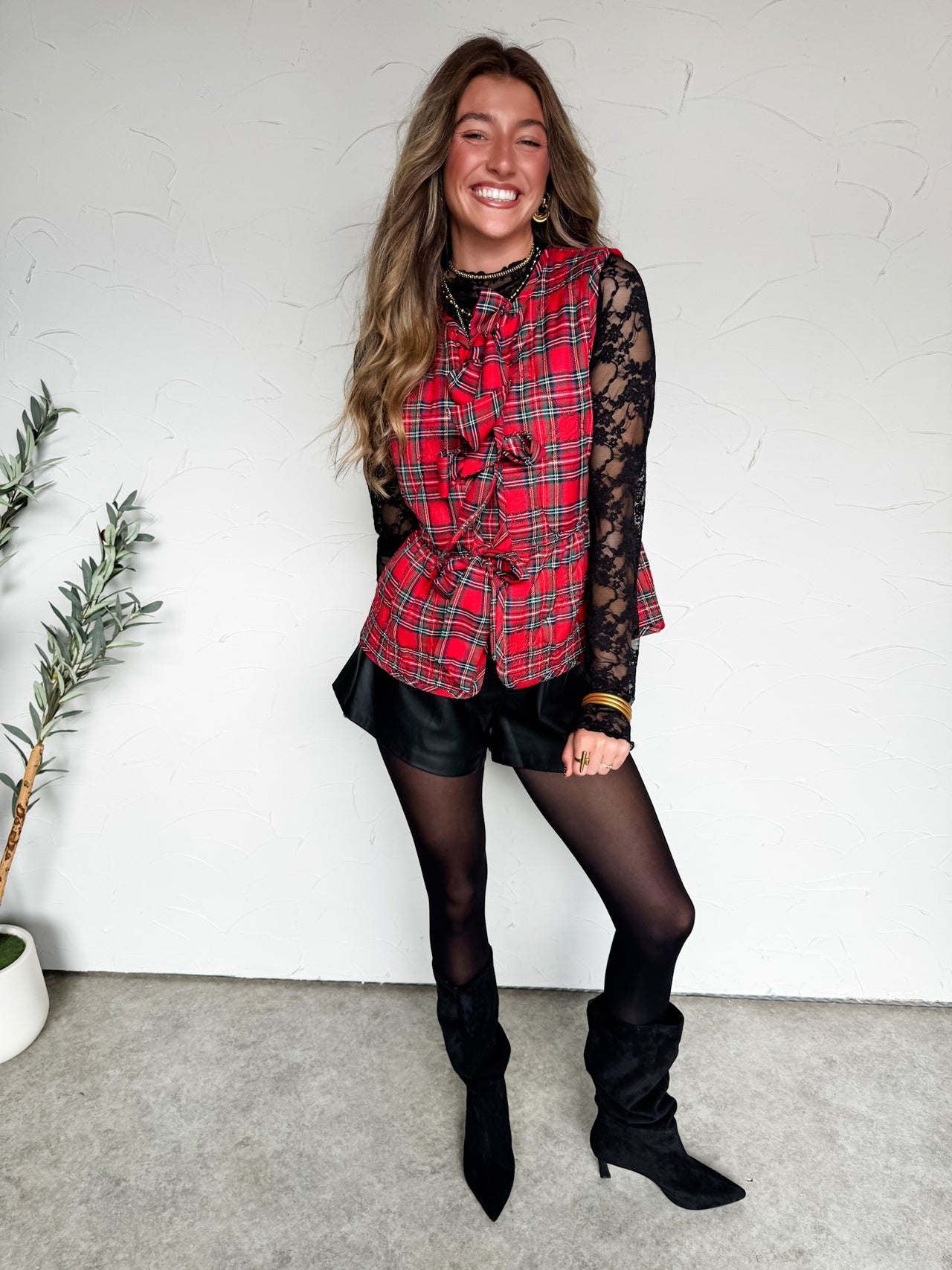 Feeling Jolly This Christmas Bow Plaid Vest