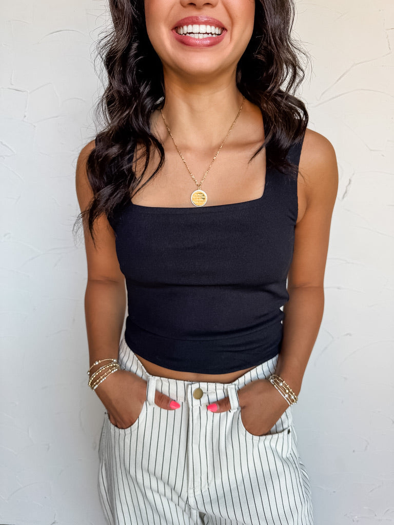 Waiting For Love Ribbed Square Neck Tank Top- Black