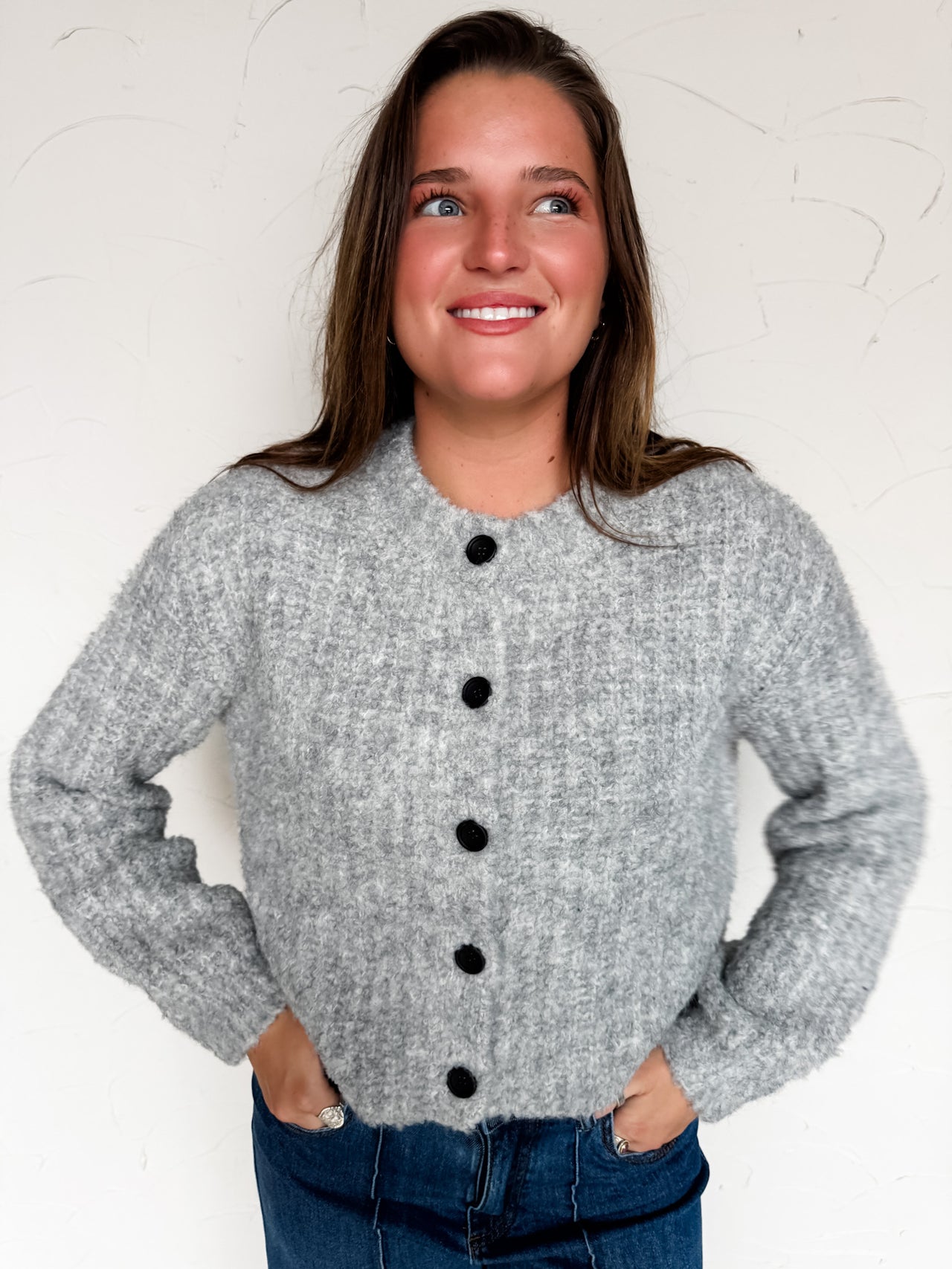 No Secrets Here Knit Button Down Grey Cardigan