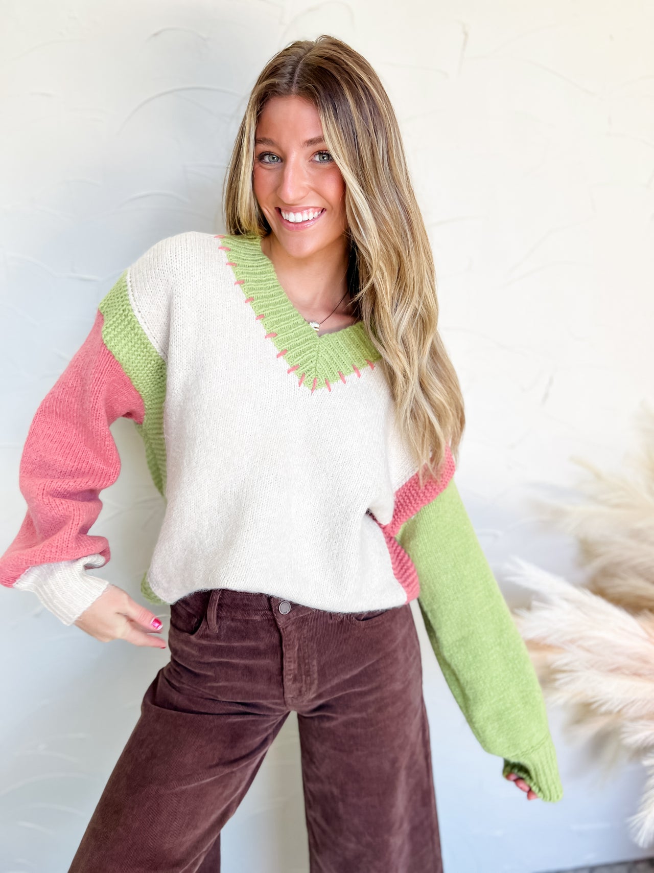 Touch Of Concern Color Block Pullover- Oatmeal