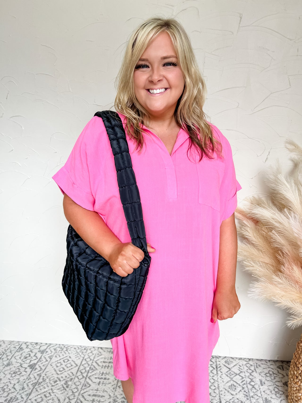 Taking Over Short Sleeve Woven Dress With Pocket Detail- Hot Pink