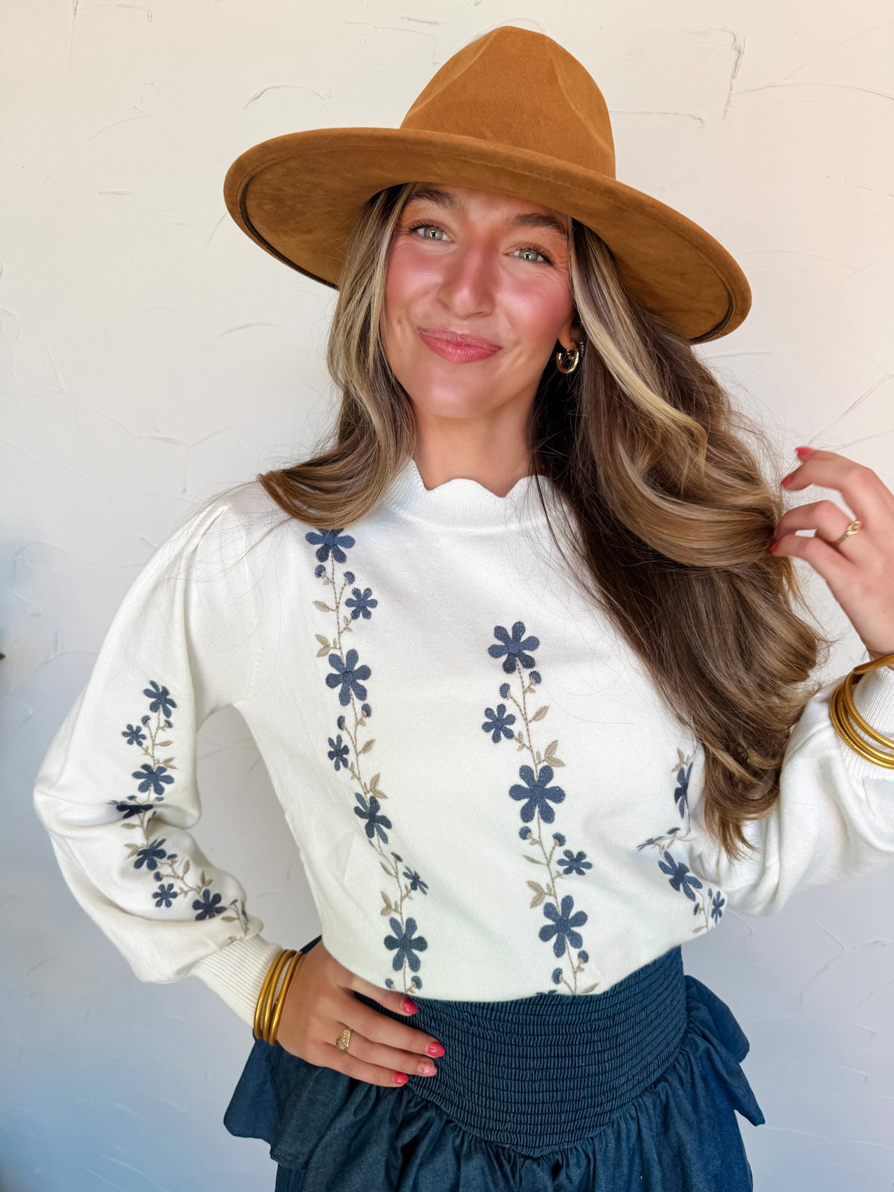 Wild Blooms Floral Embroidered Scallop Trim Sweater