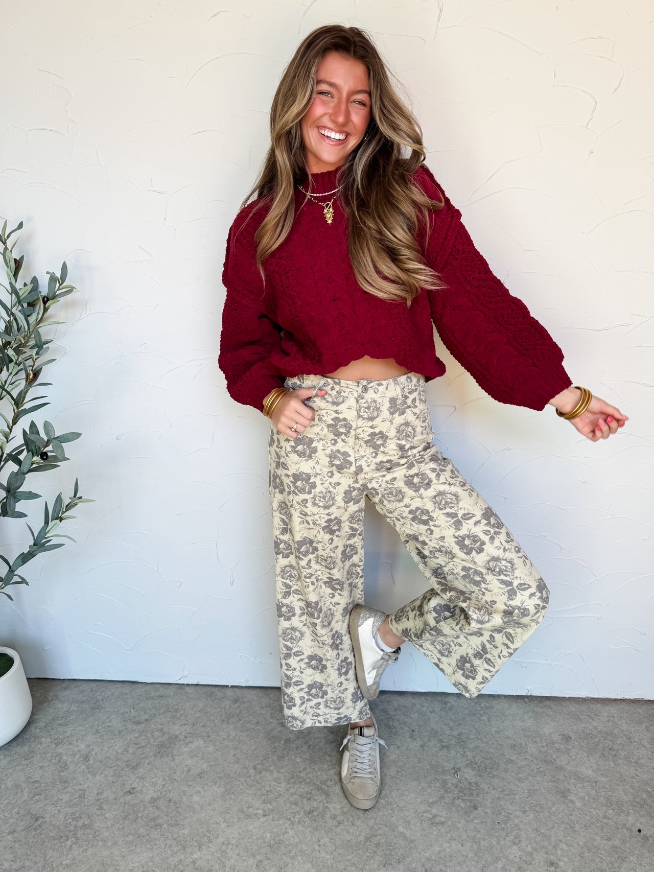 In My Happy Place Cable Knit Sweater- Cabernet