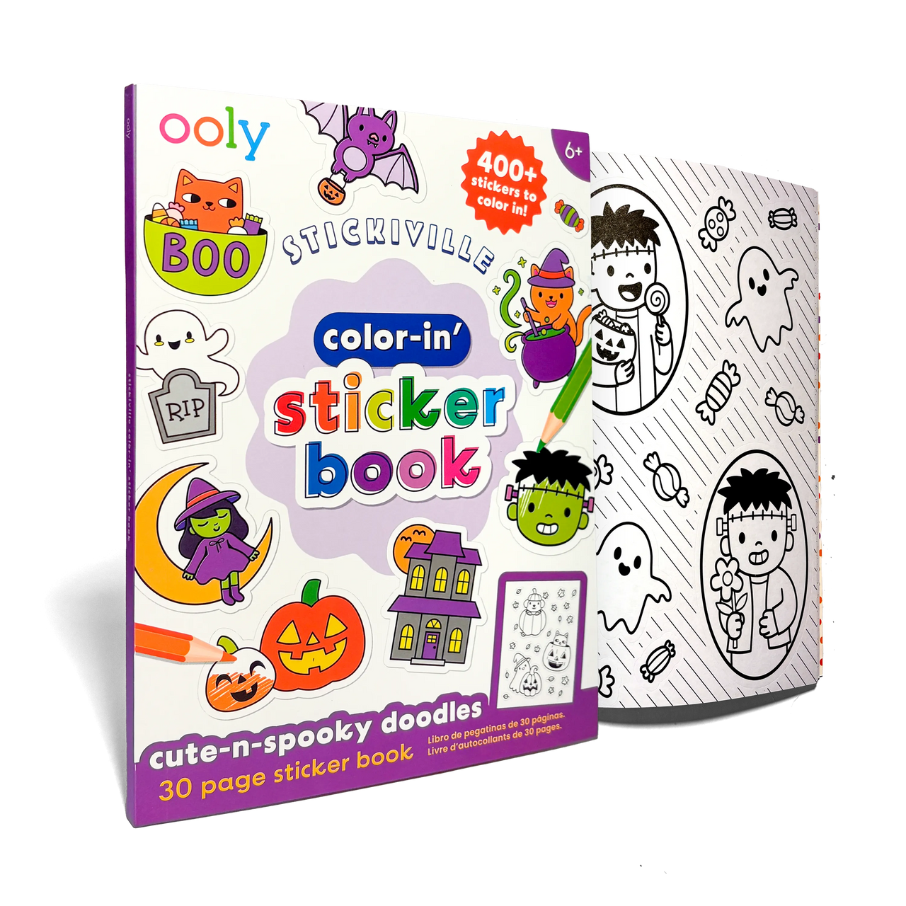 Color-in sticker book with Halloween-themed stickers and designs on a white background