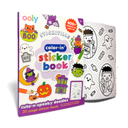 Color-in sticker book with Halloween-themed stickers and designs on a white background