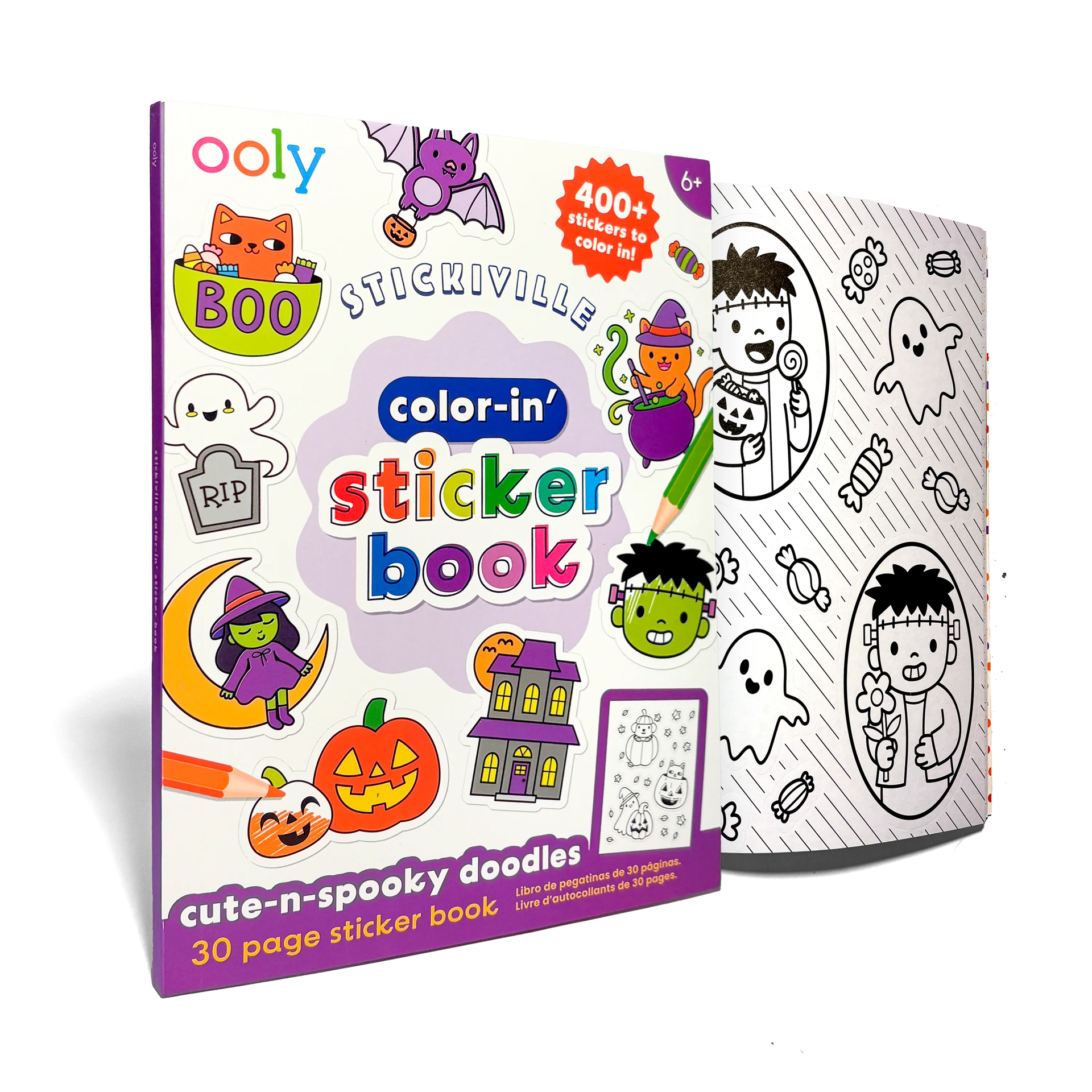 Color-in sticker book with Halloween-themed stickers and designs on a white background