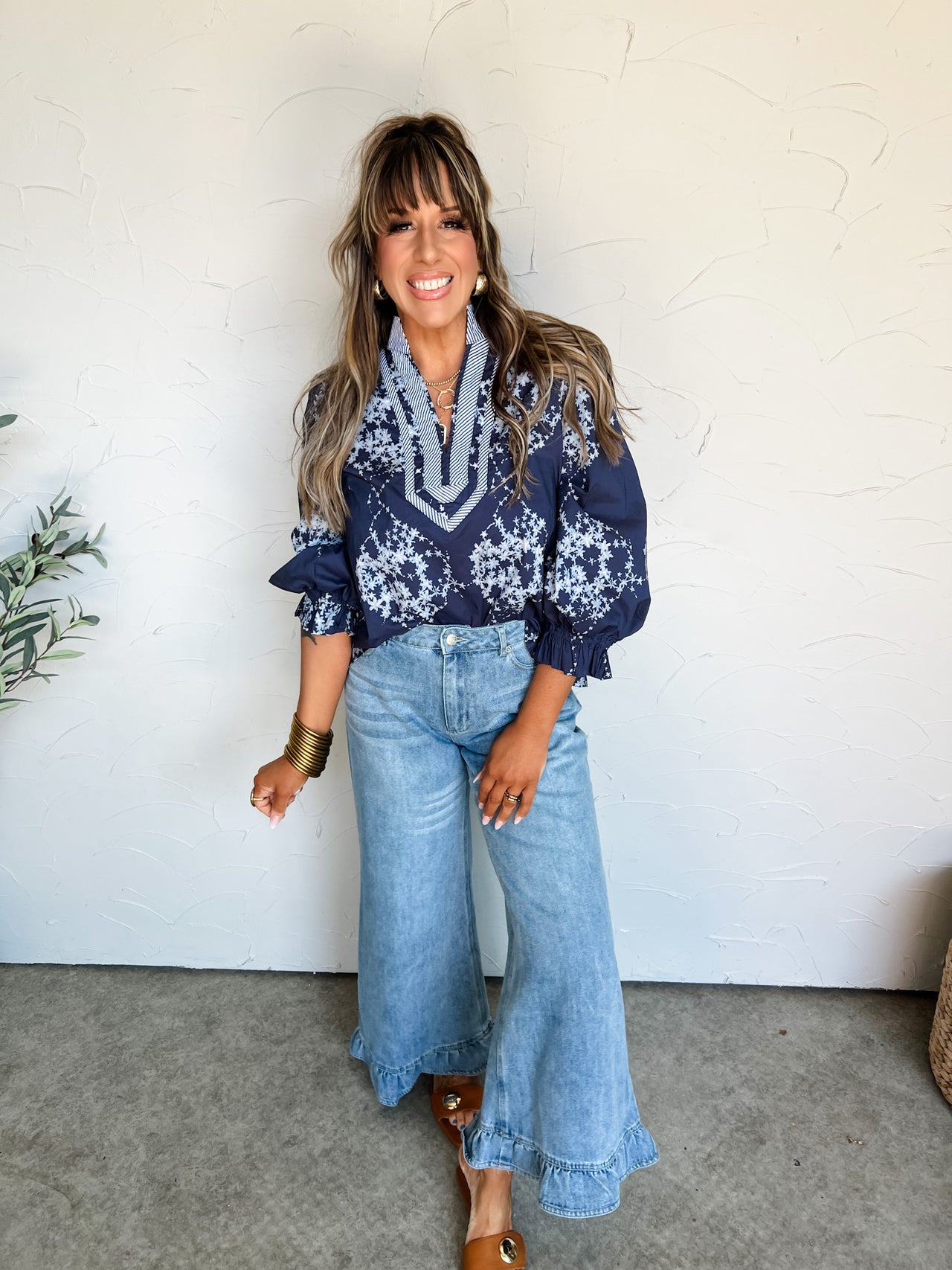 Loving My Life Ditsy Floral Stripe Trim V Neck Top