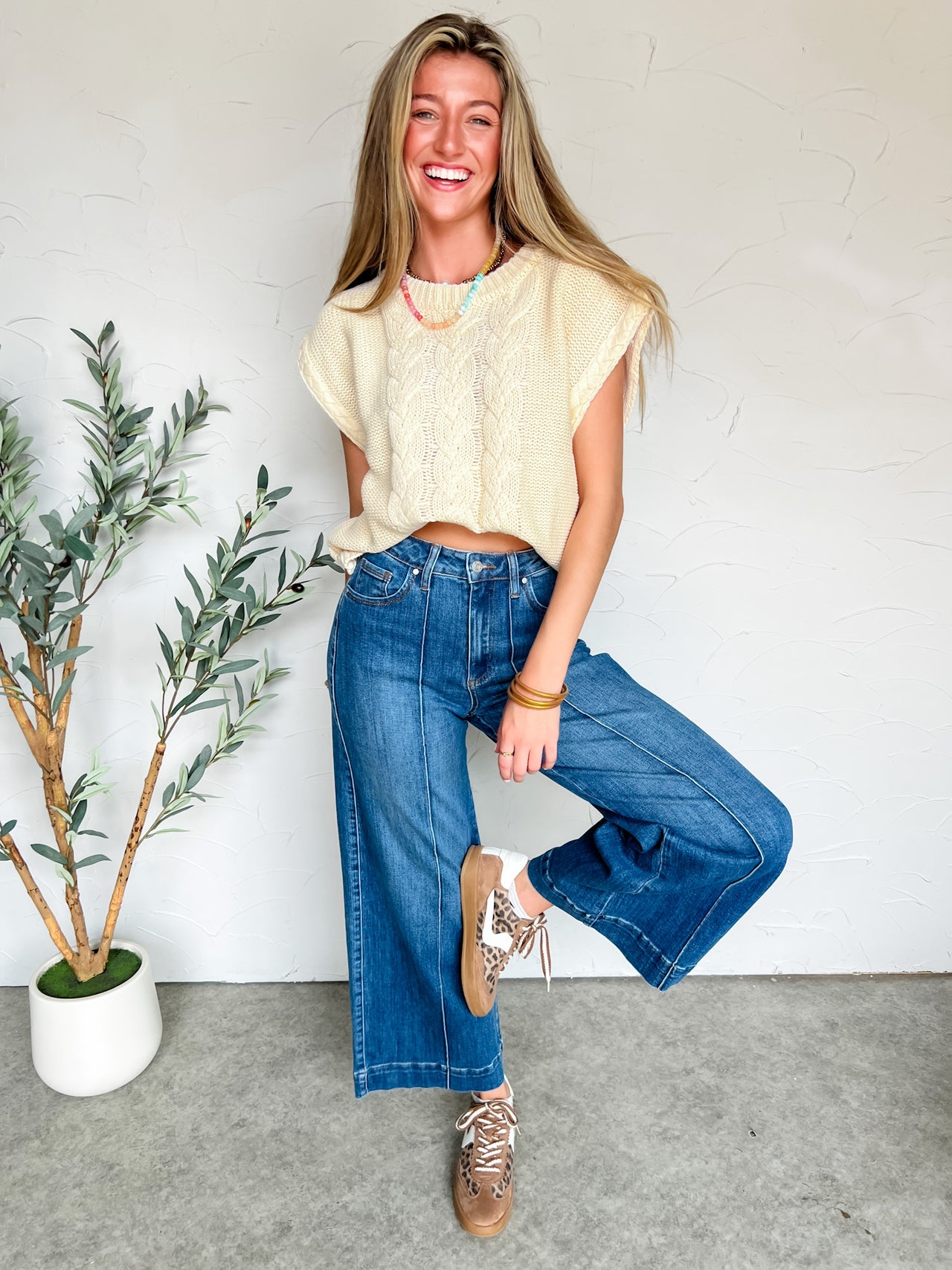 A Dream State Cable Knit Sweater Vest- Cream