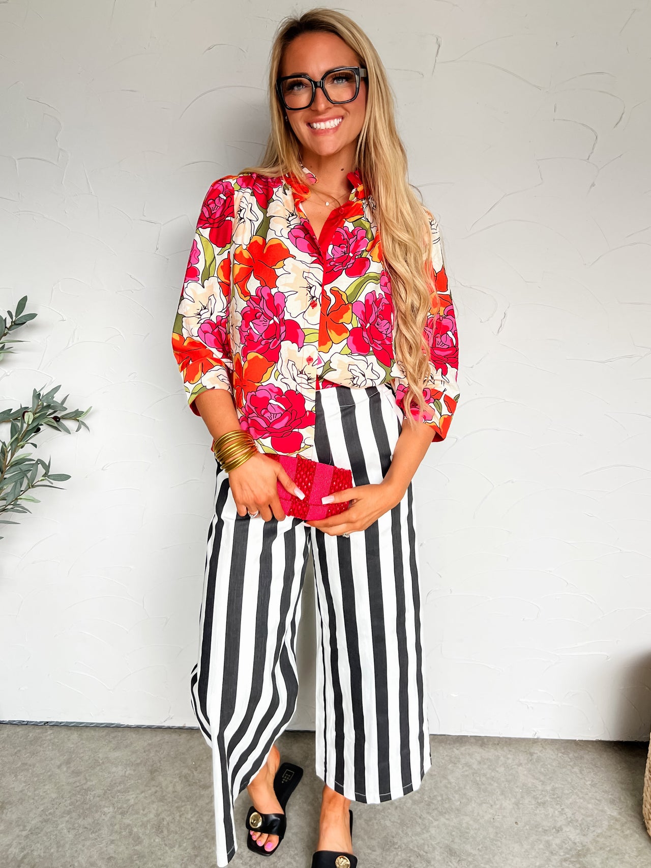 Soft Focus Floral High Neck Button Up Top