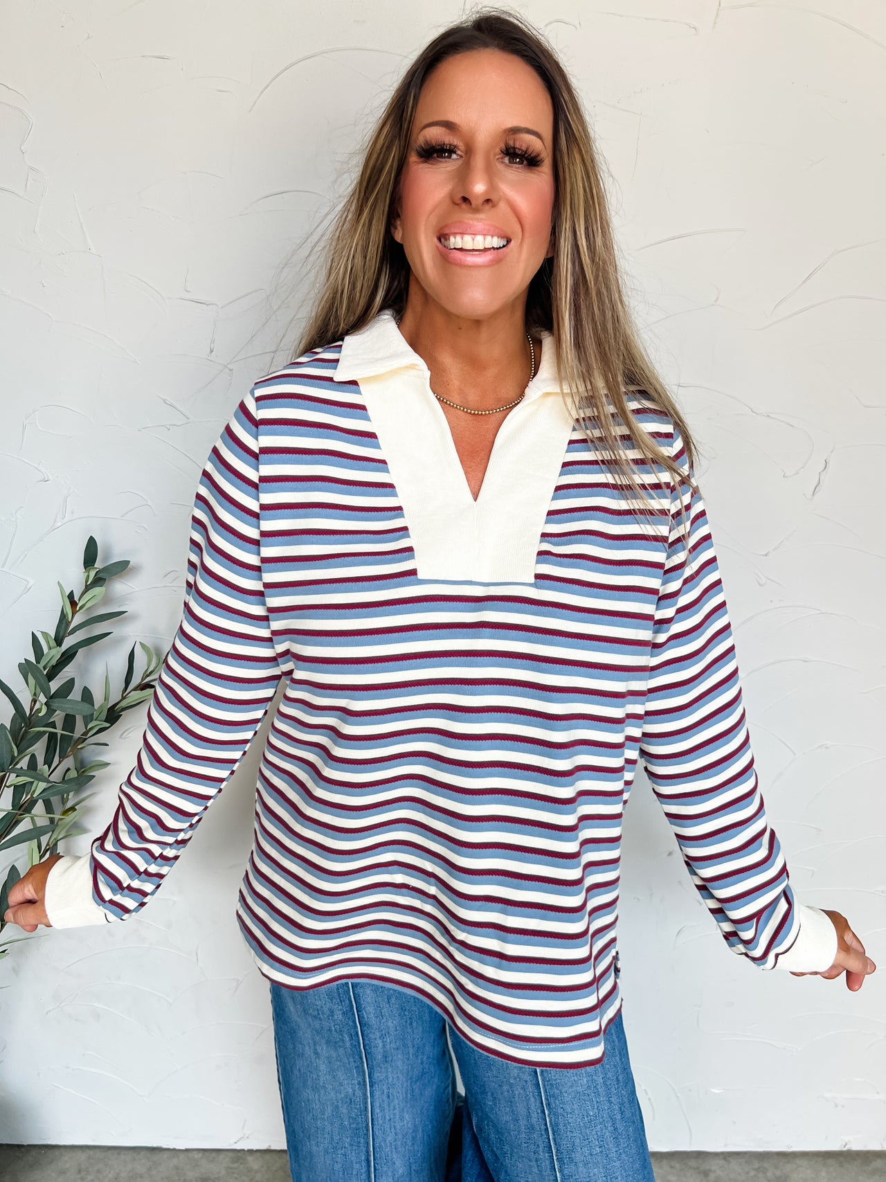 She Knew It V Neck Striped Top- Denim