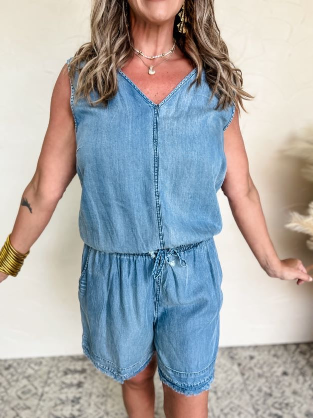 She Will Make A Way V-Neck Denim Drawstring Romper