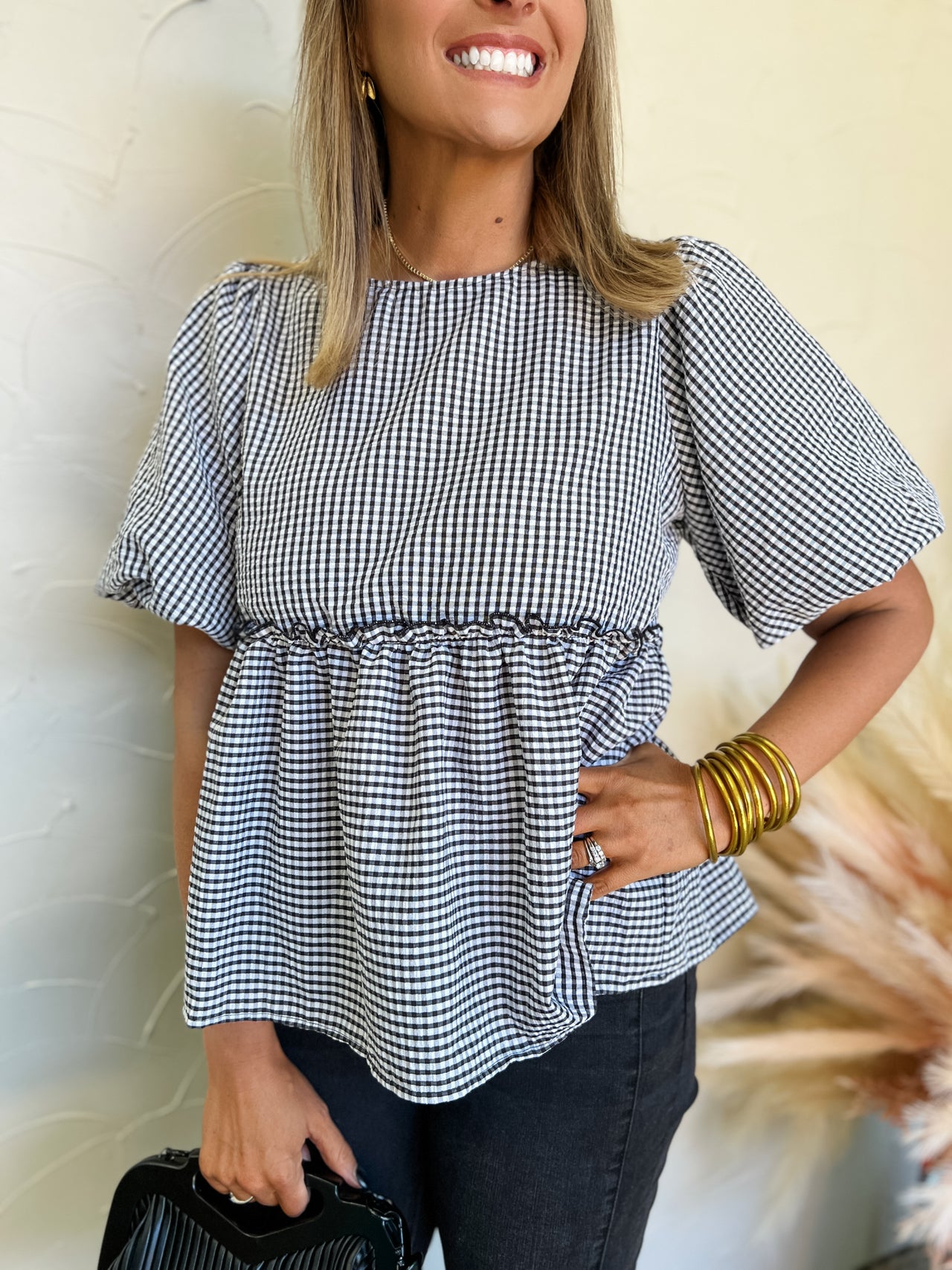 Yesterday Is History Gingham Puff Sleeve Top