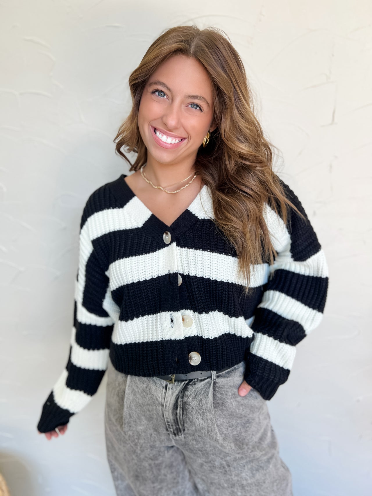 Keep Me In Line Striped V Neck Cardigan- Black/ Ivory